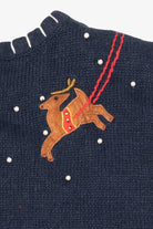 Vintage Blue White Stag Santa Flying Over Town Ugly Christmas Vest (1990s)