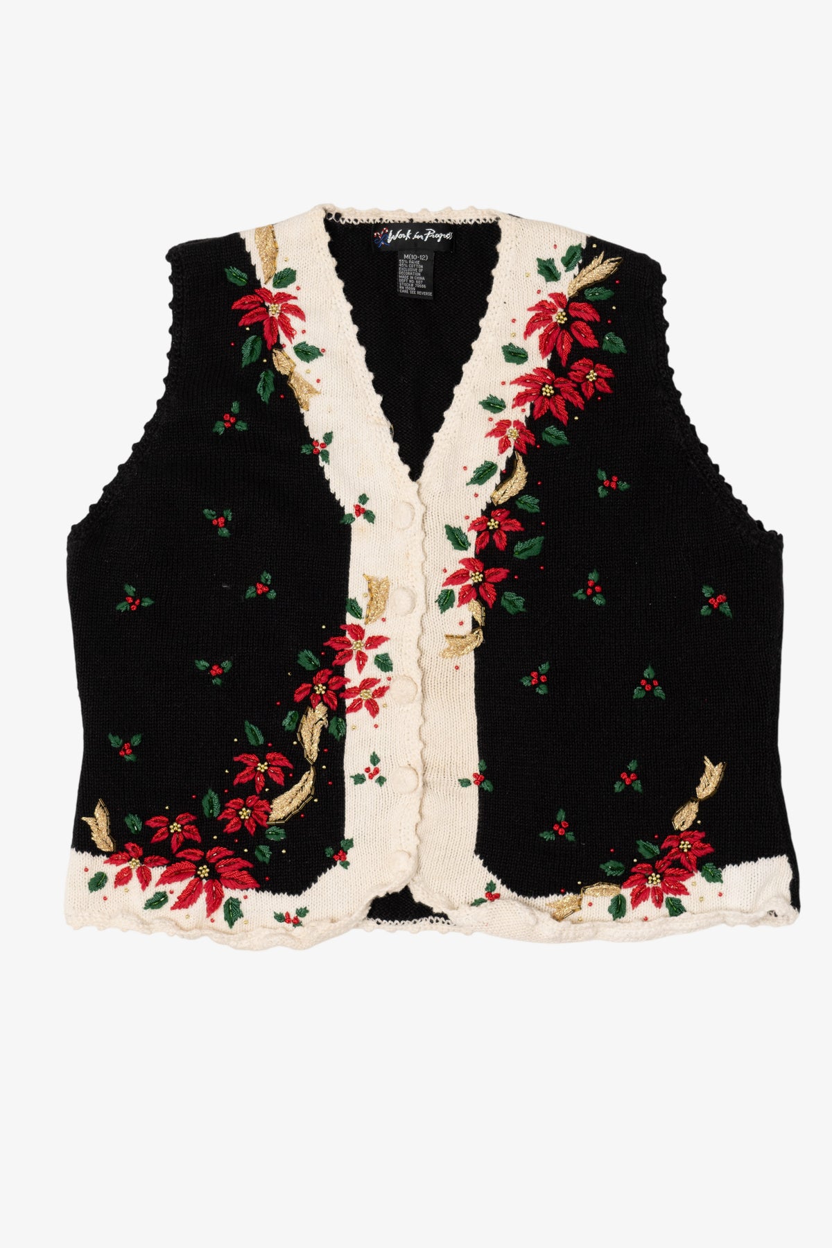 Vintage Black Work in Progress Poinsettias Ugly Christmas Vest 