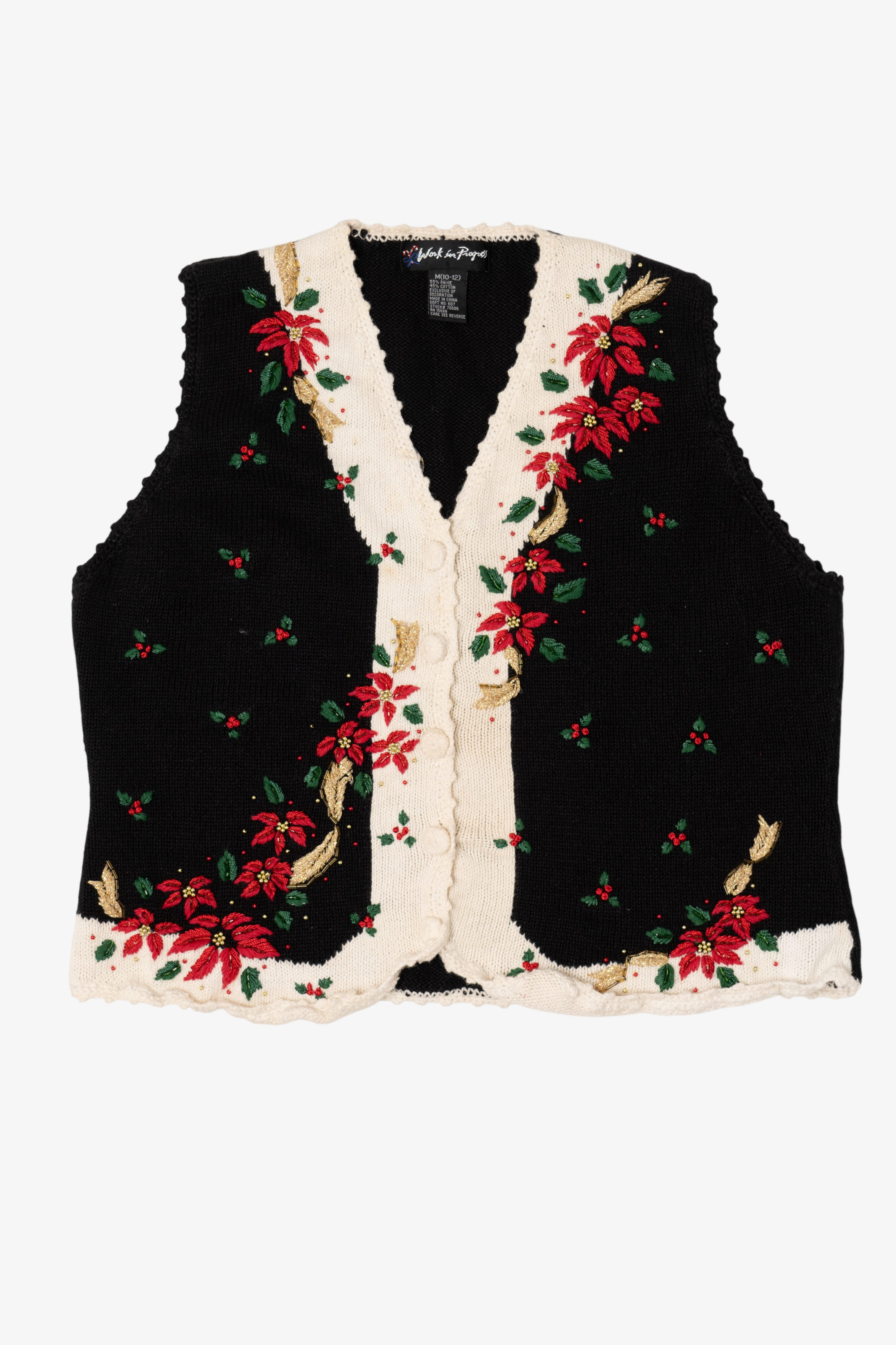 Vintage Black Work in Progress Poinsettias Ugly Christmas Vest (2000s)
