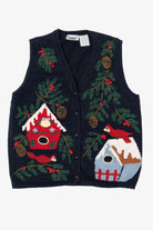 Vintage Navy Blue Capacity Bird Houses Ugly Christmas Vest (1990s)