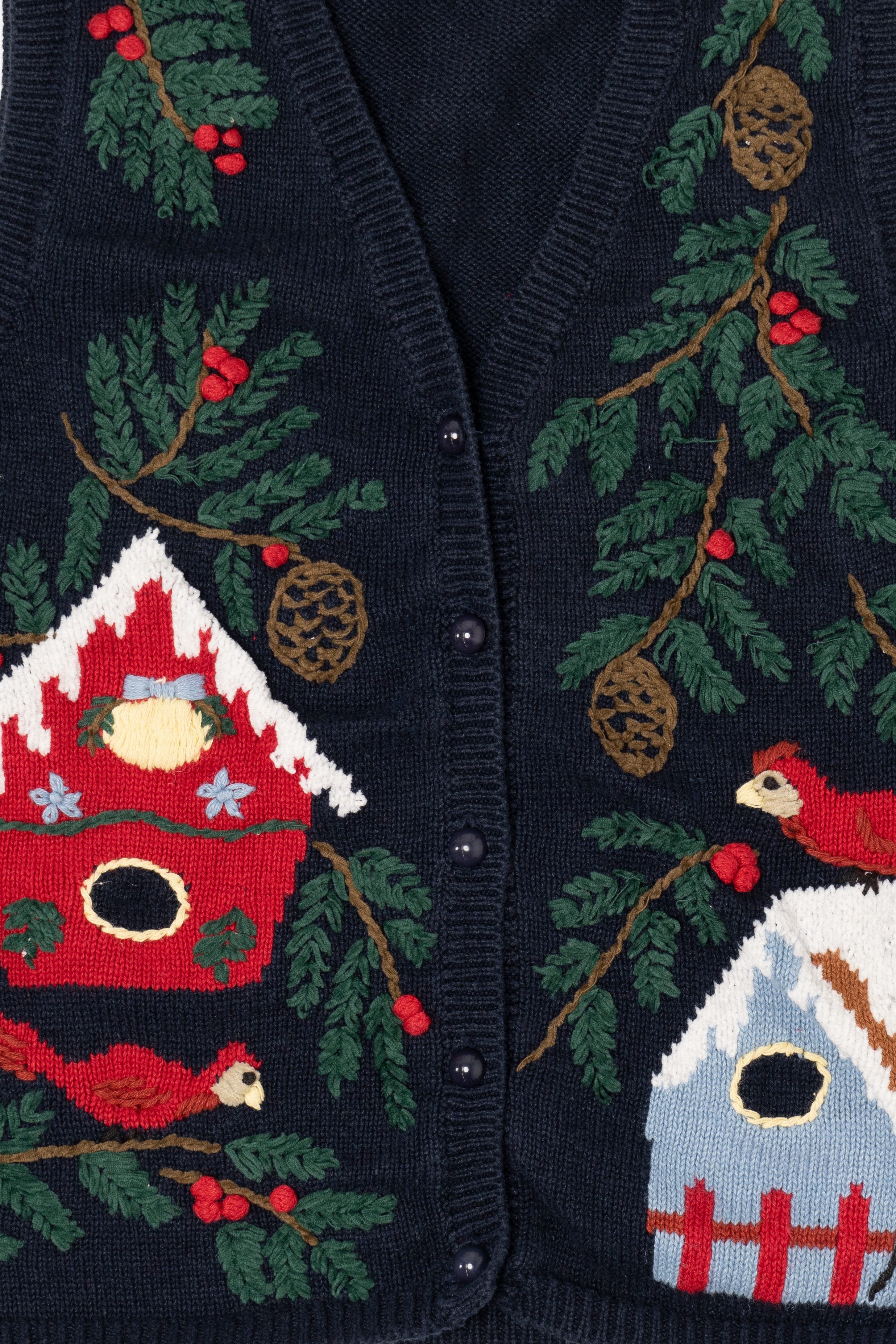 Vintage Navy Blue Capacity Bird Houses Ugly Christmas Vest (1990s)