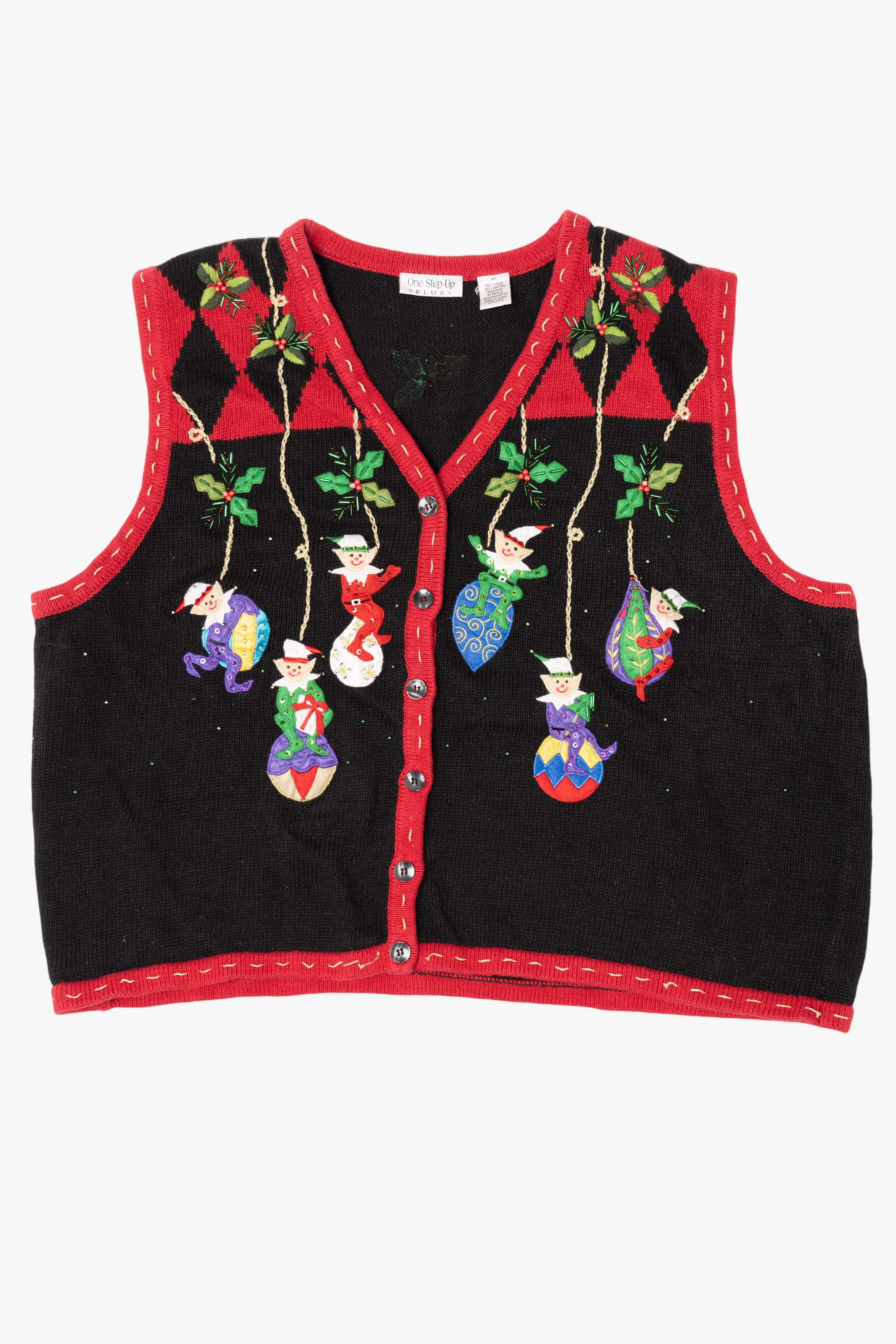 Vintage Black One Step Up Elves On Ornaments Ugly Christmas Vest (2000s)