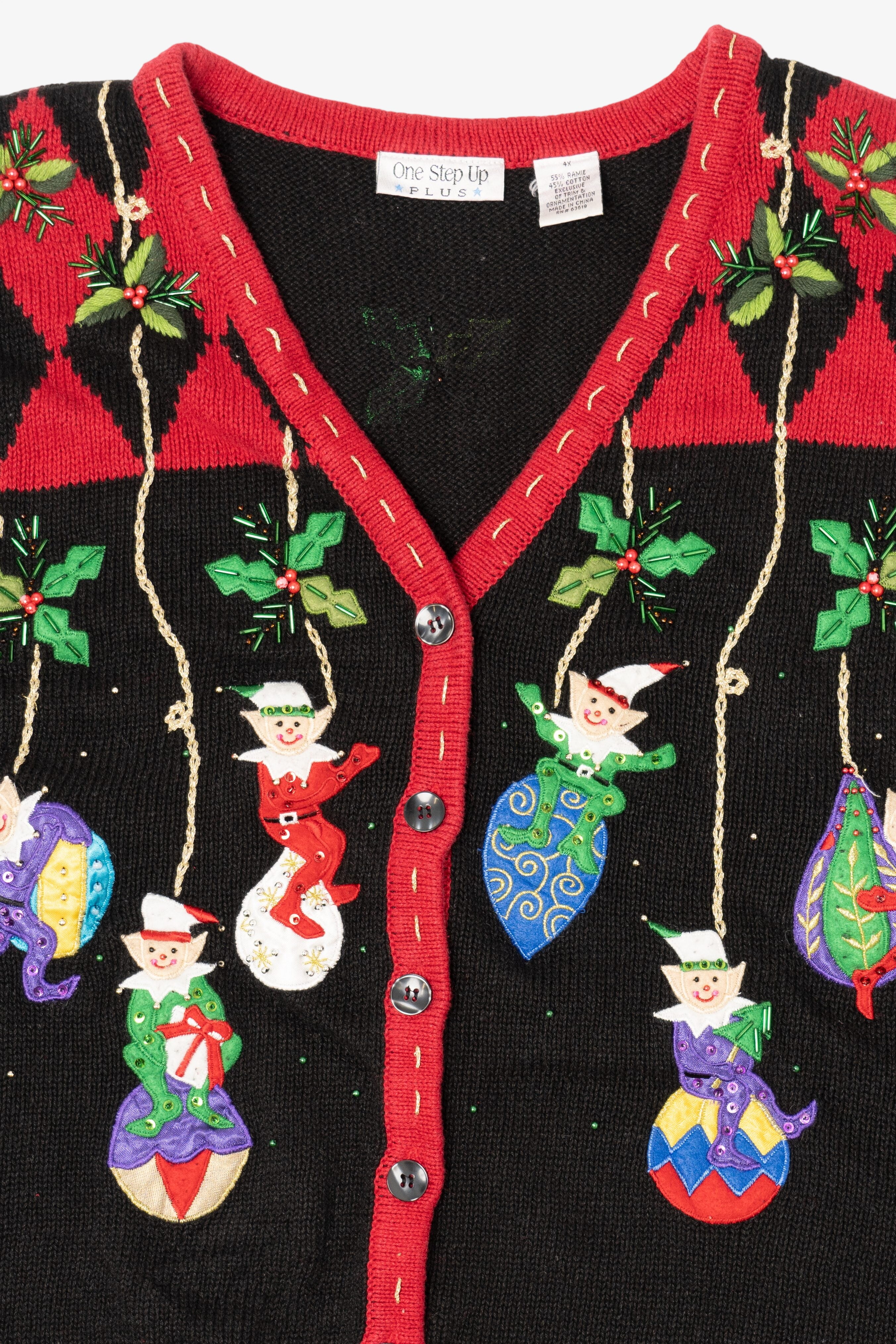 Vintage Black One Step Up Elves On Ornaments Ugly Christmas Vest (2000s)
