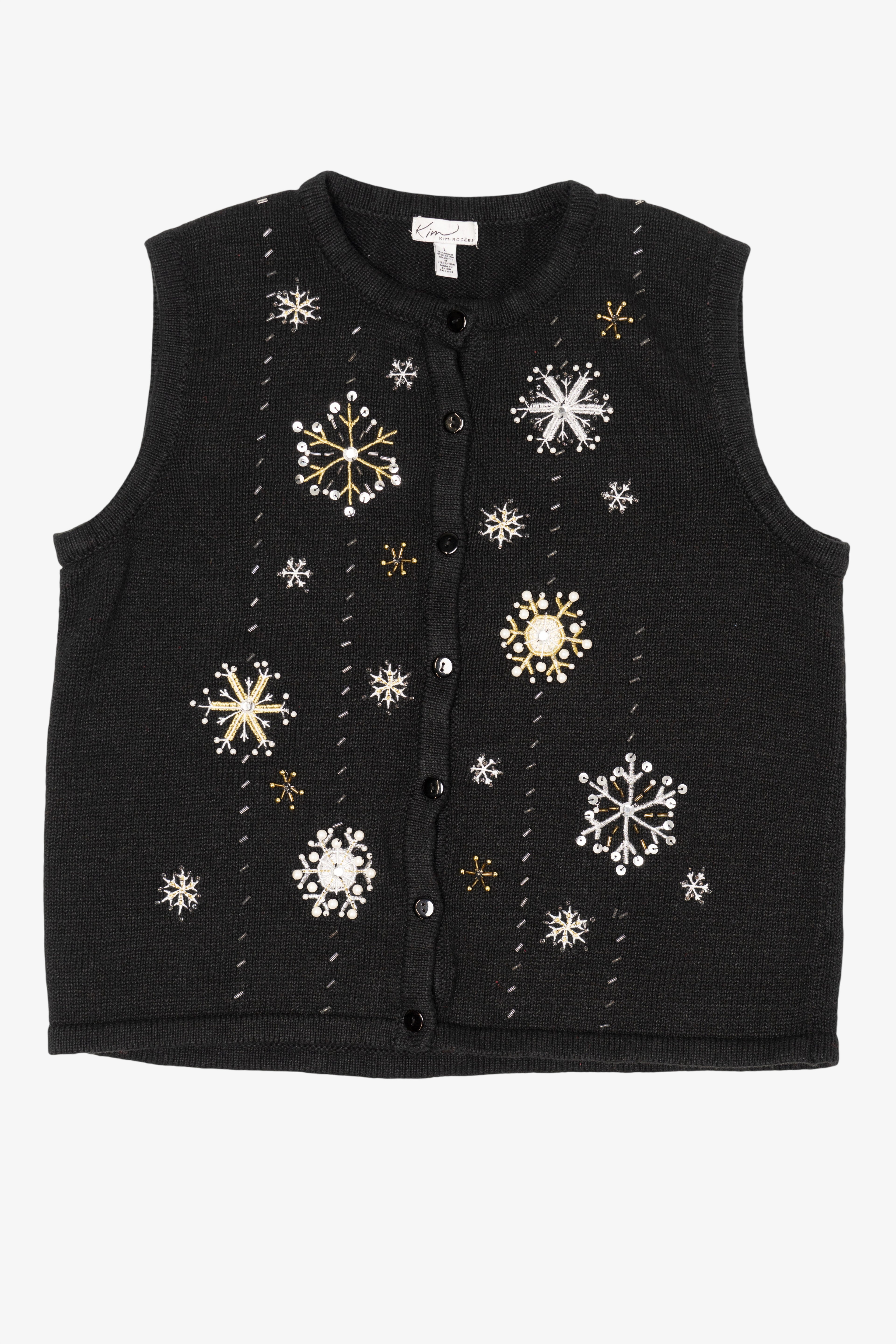 Vintage Black Kim Rogers Snowflakes Ugly Christmas Vest (1990s)