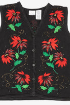 Vintage Black Bobbie Brooks Poinsettias Ugly Christmas Vest (1990s)