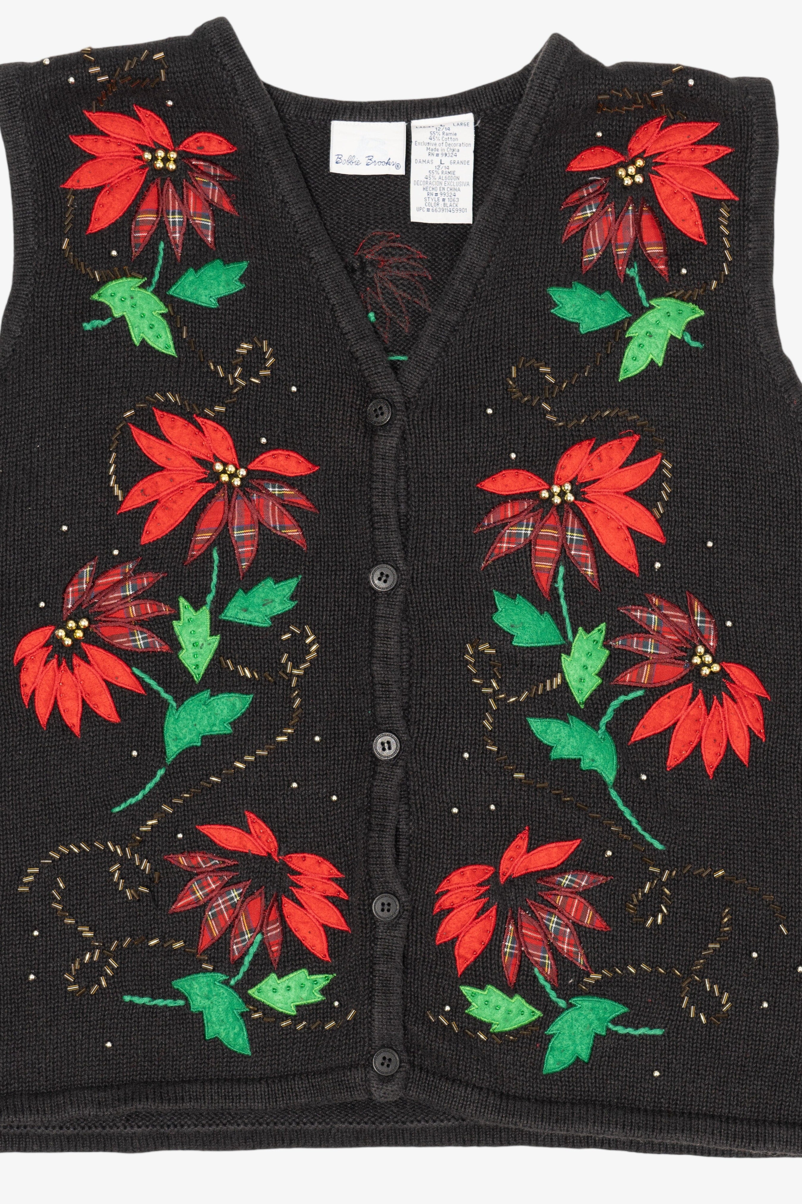 Vintage Black Bobbie Brooks Poinsettias Ugly Christmas Vest (1990s)