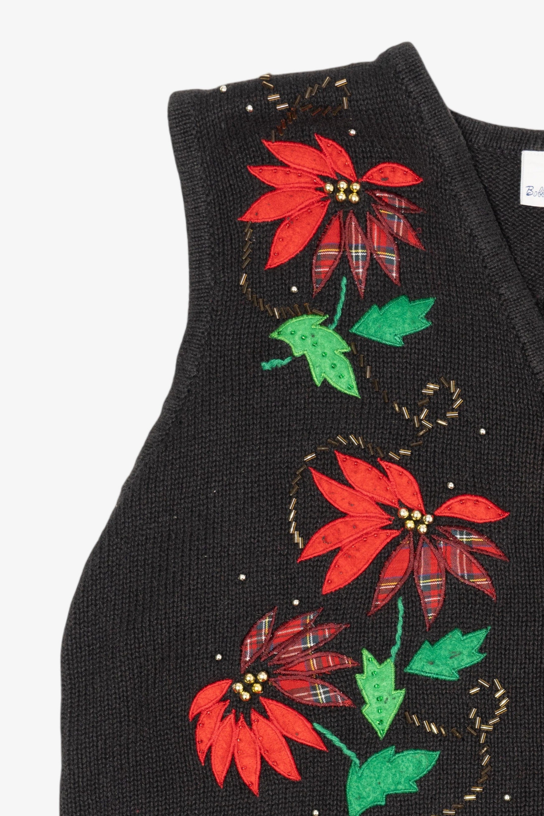 Vintage Black Bobbie Brooks Poinsettias Ugly Christmas Vest (1990s)
