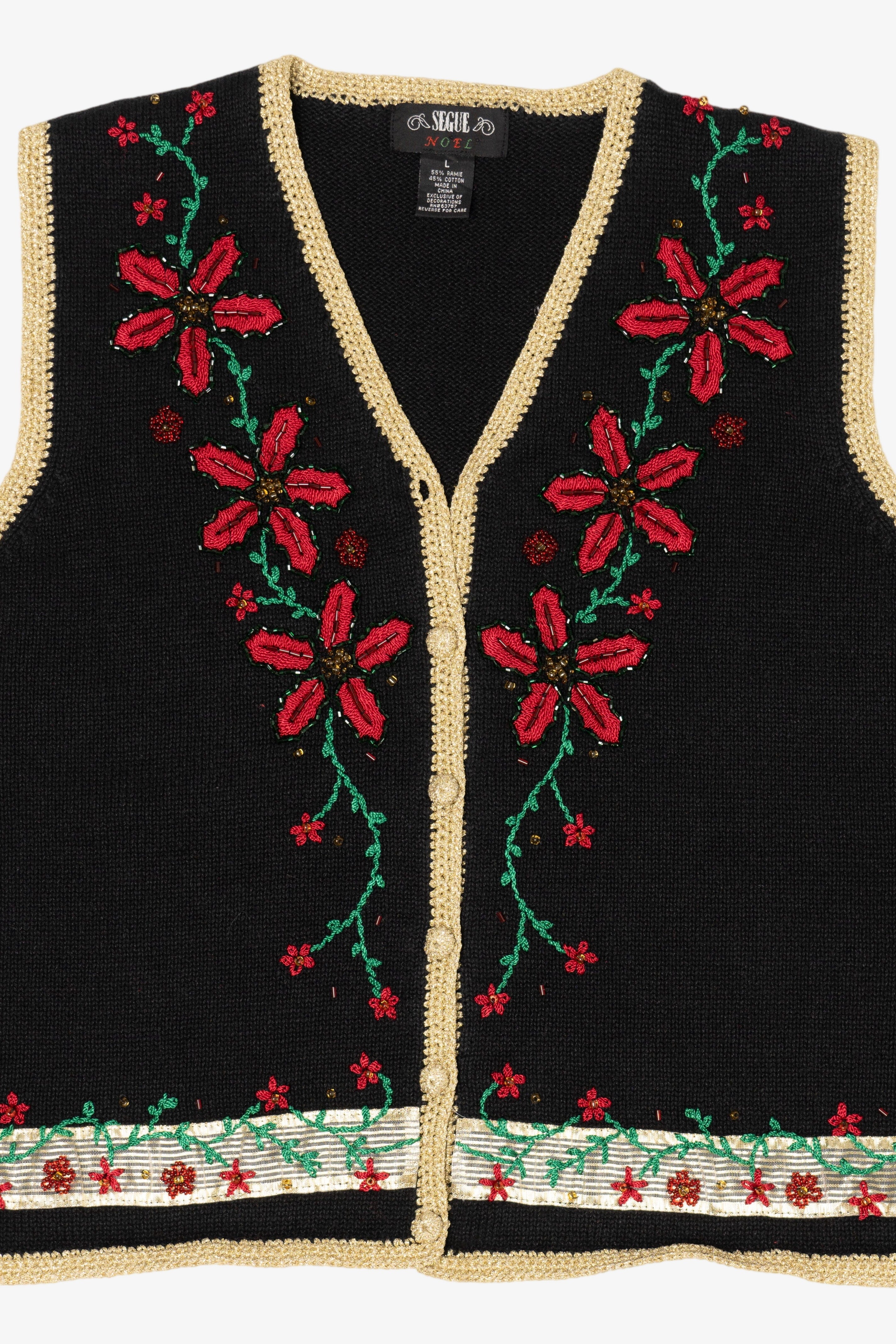 Vintage Black Segue Poinsettias Ugly Christmas Vest (1990s)