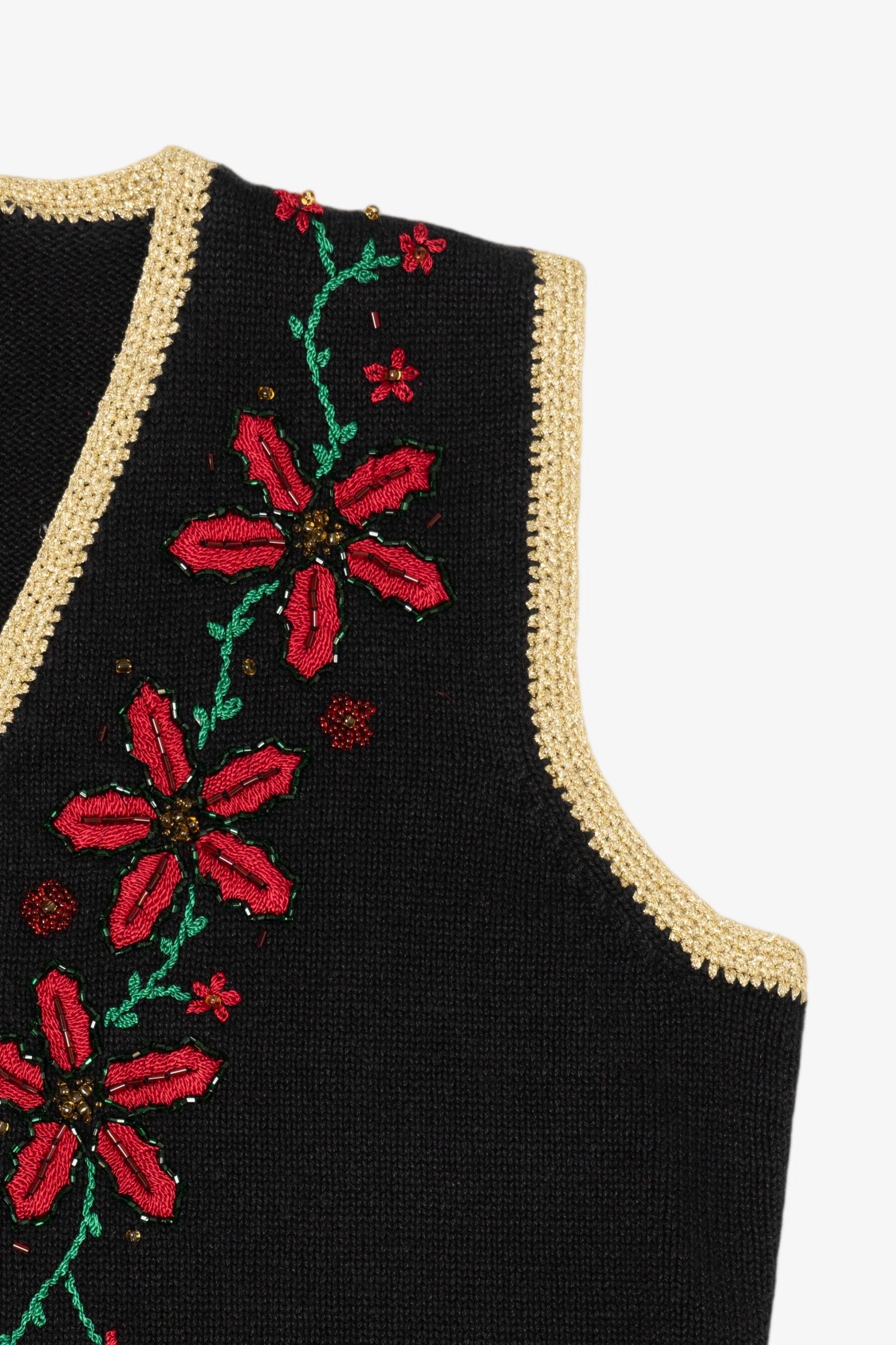 Vintage Black Segue Poinsettias Ugly Christmas Vest (1990s)