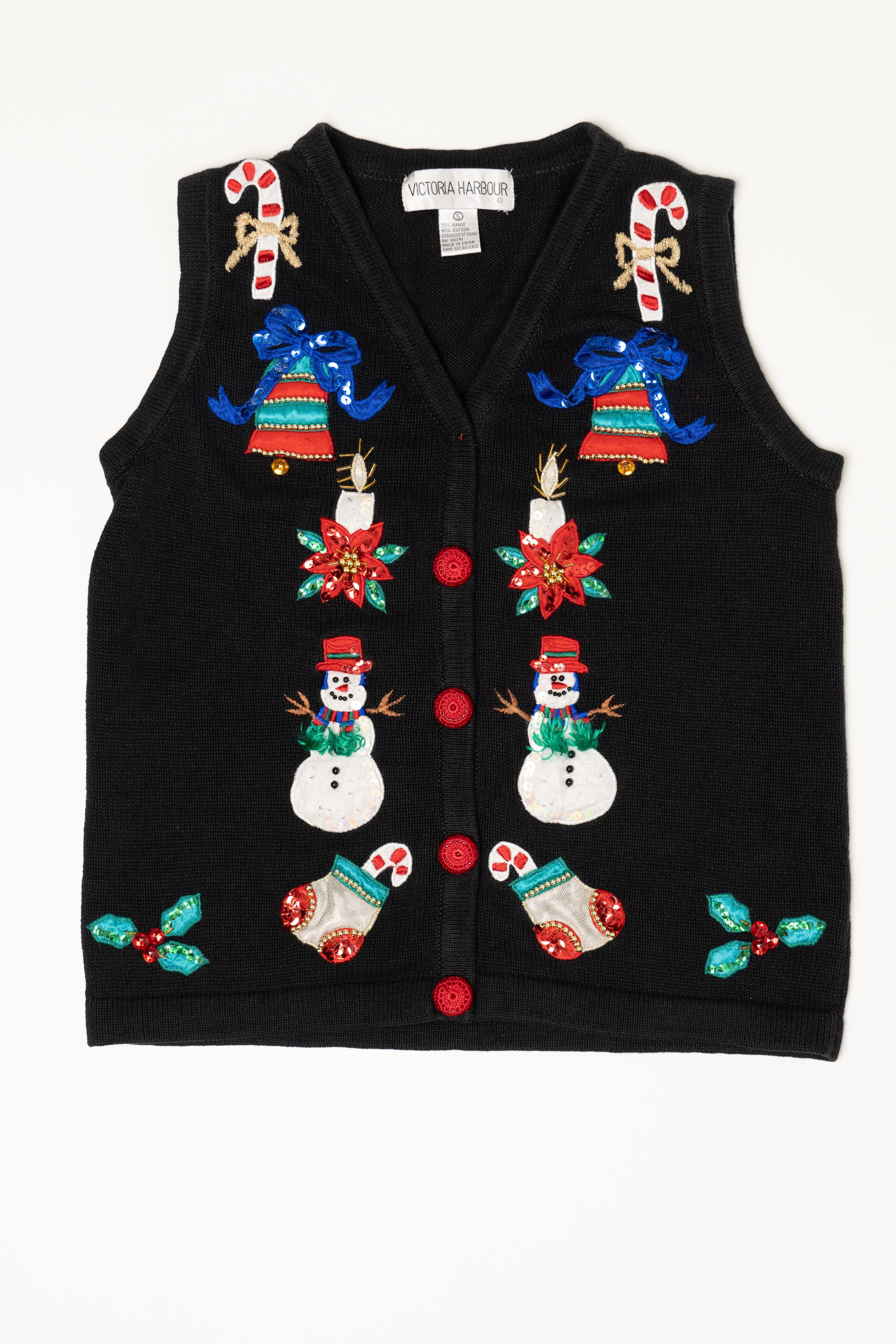 Vintage Black Victoria Harbour Snowmen Ugly Christmas Vest (1990s)