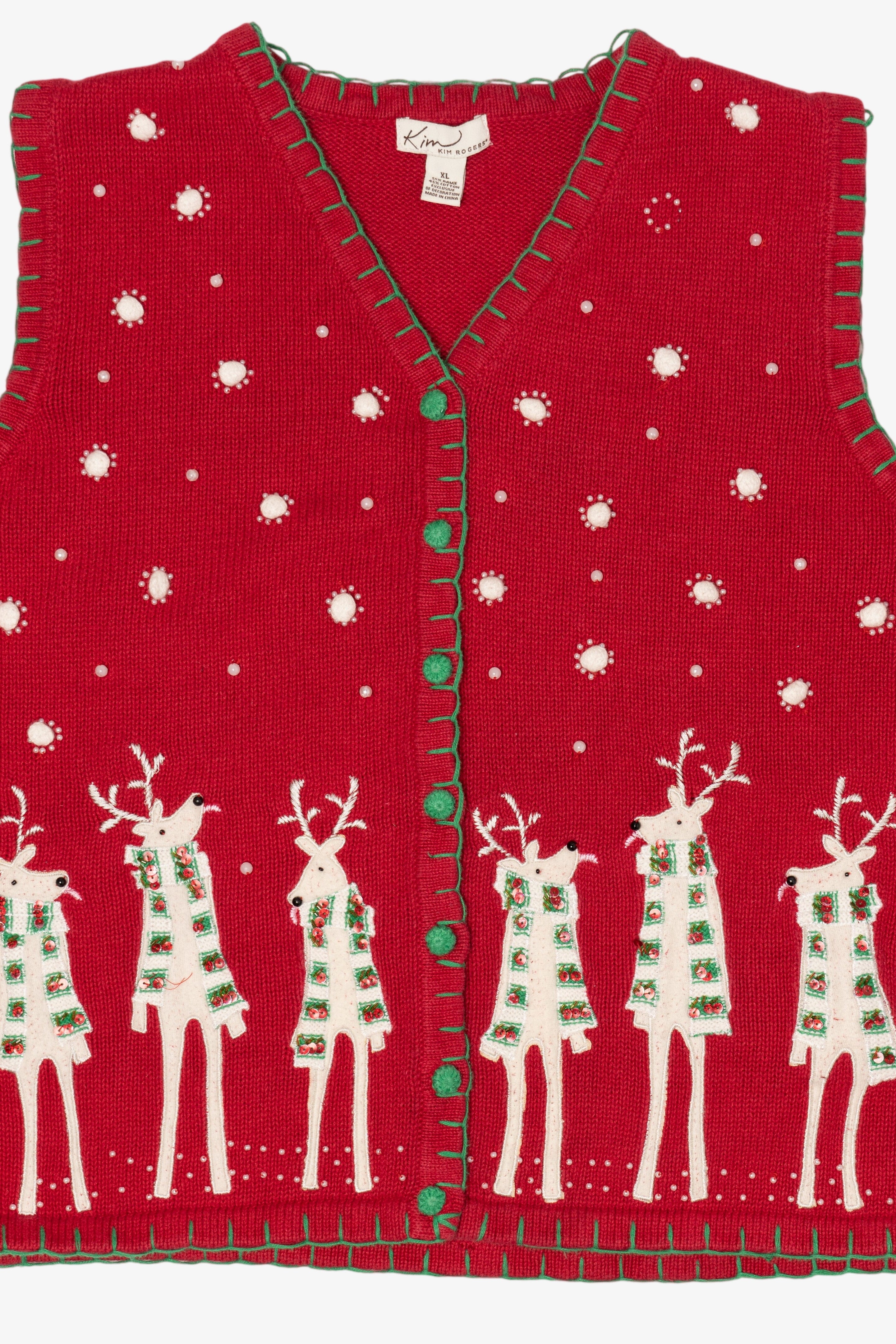 Vintage Red Kim Rogers Reindeer Ugly Christmas Vest (1990s)