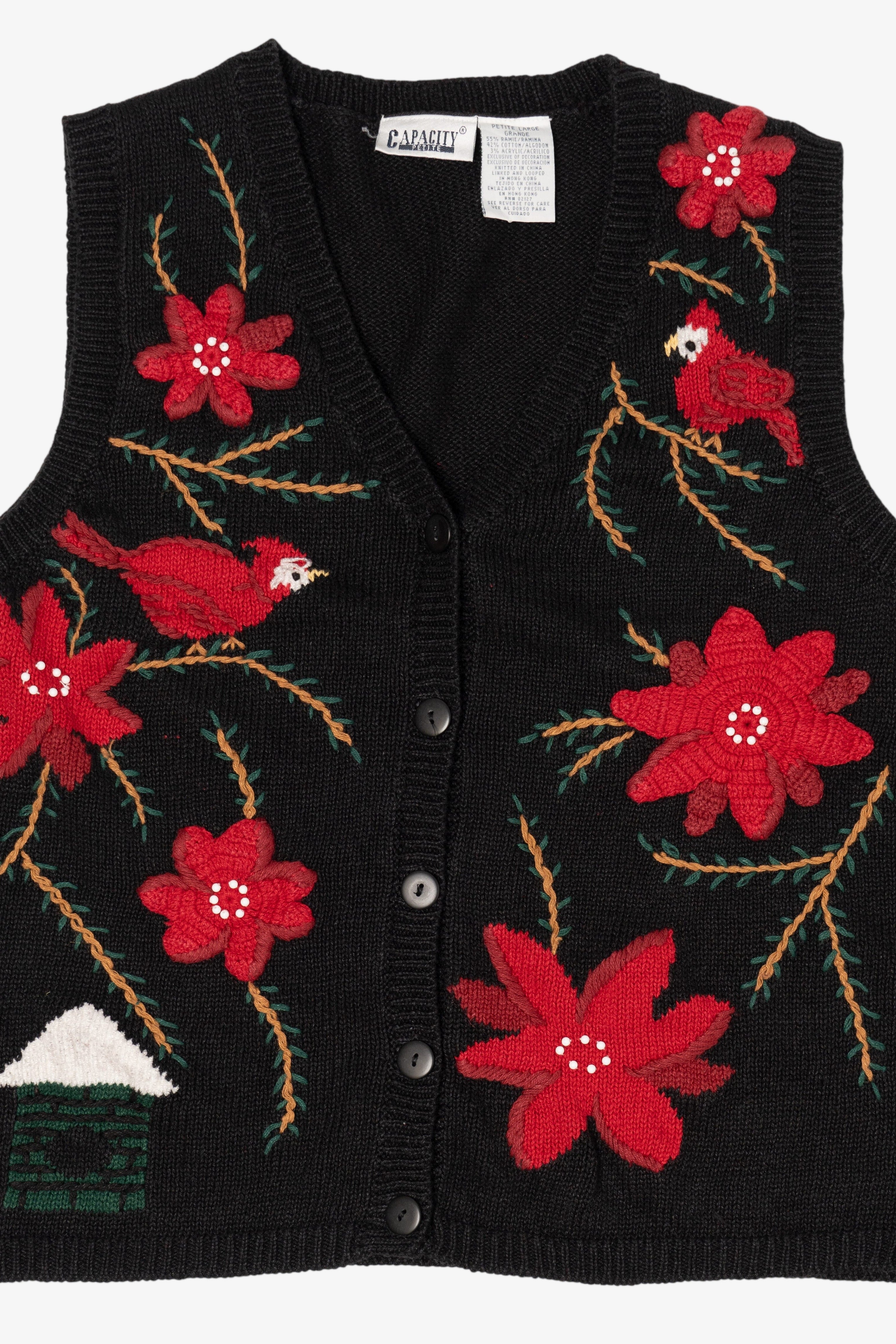 Vintage Black Capacity Poinsettias And Cardinals Ugly Christmas Vest (2000s)