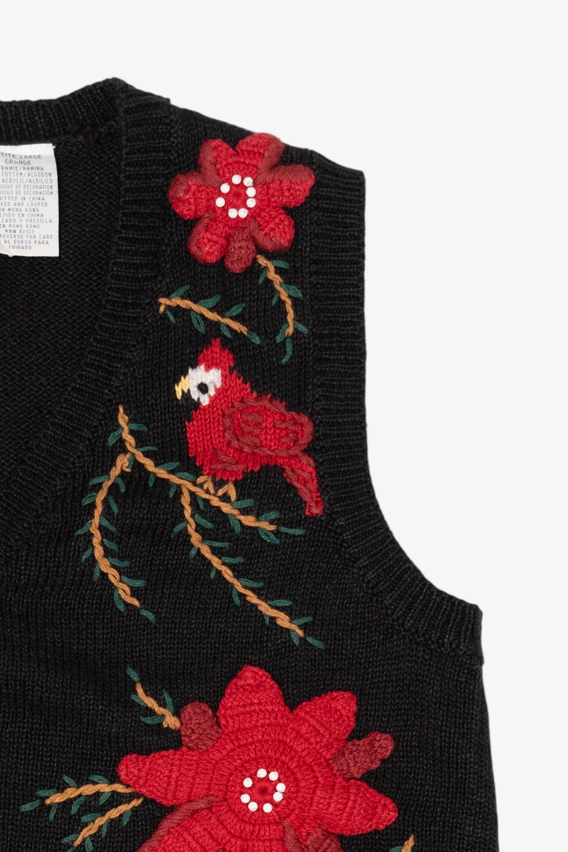 Vintage Black Capacity Poinsettias And Cardinals Ugly Christmas Vest (2000s)