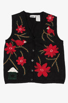 Vintage Black Capacity Poinsettias And Cardinals Ugly Christmas Vest (2000s)