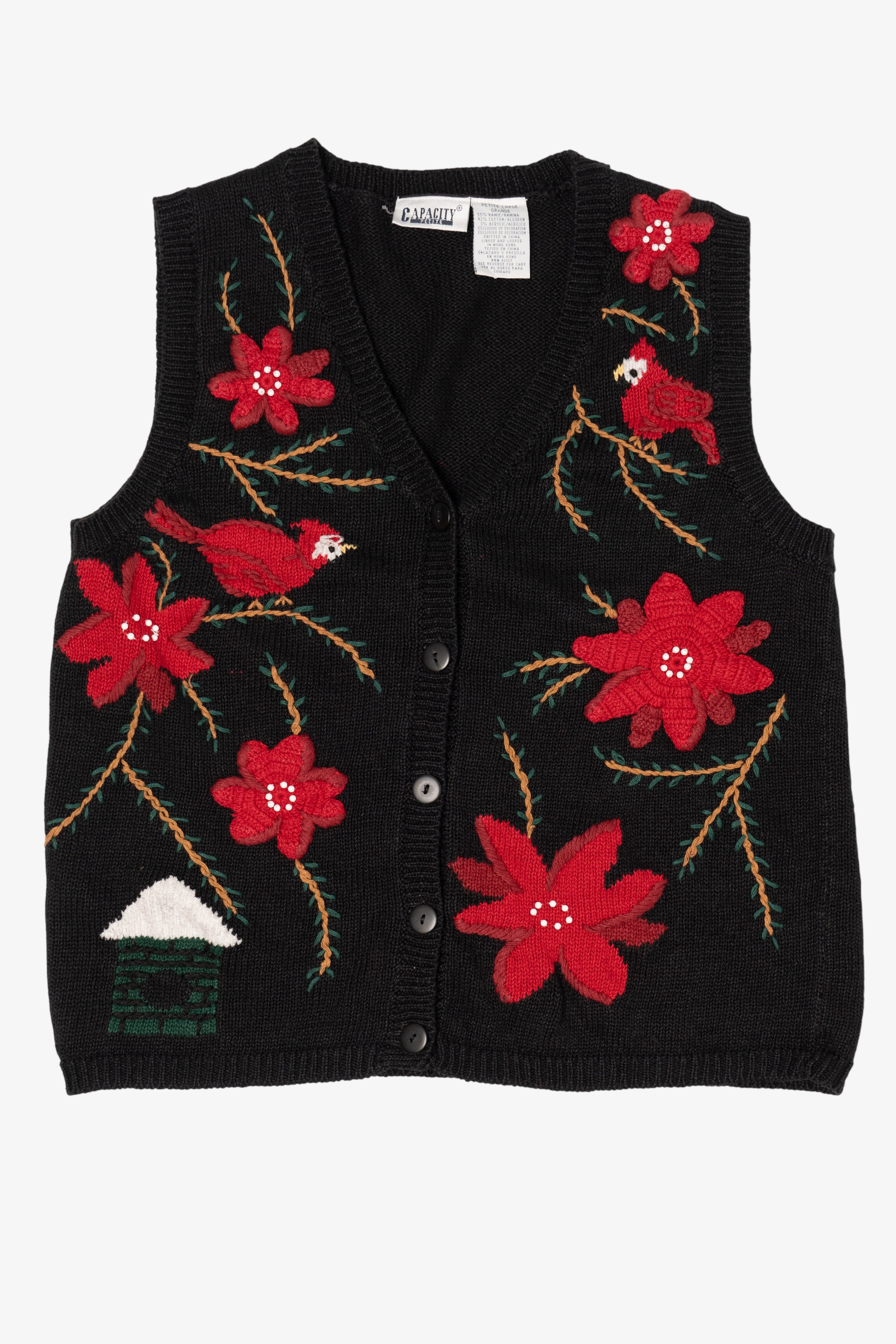 Vintage Black Capacity Poinsettias And Cardinals Ugly Christmas Vest (2000s)