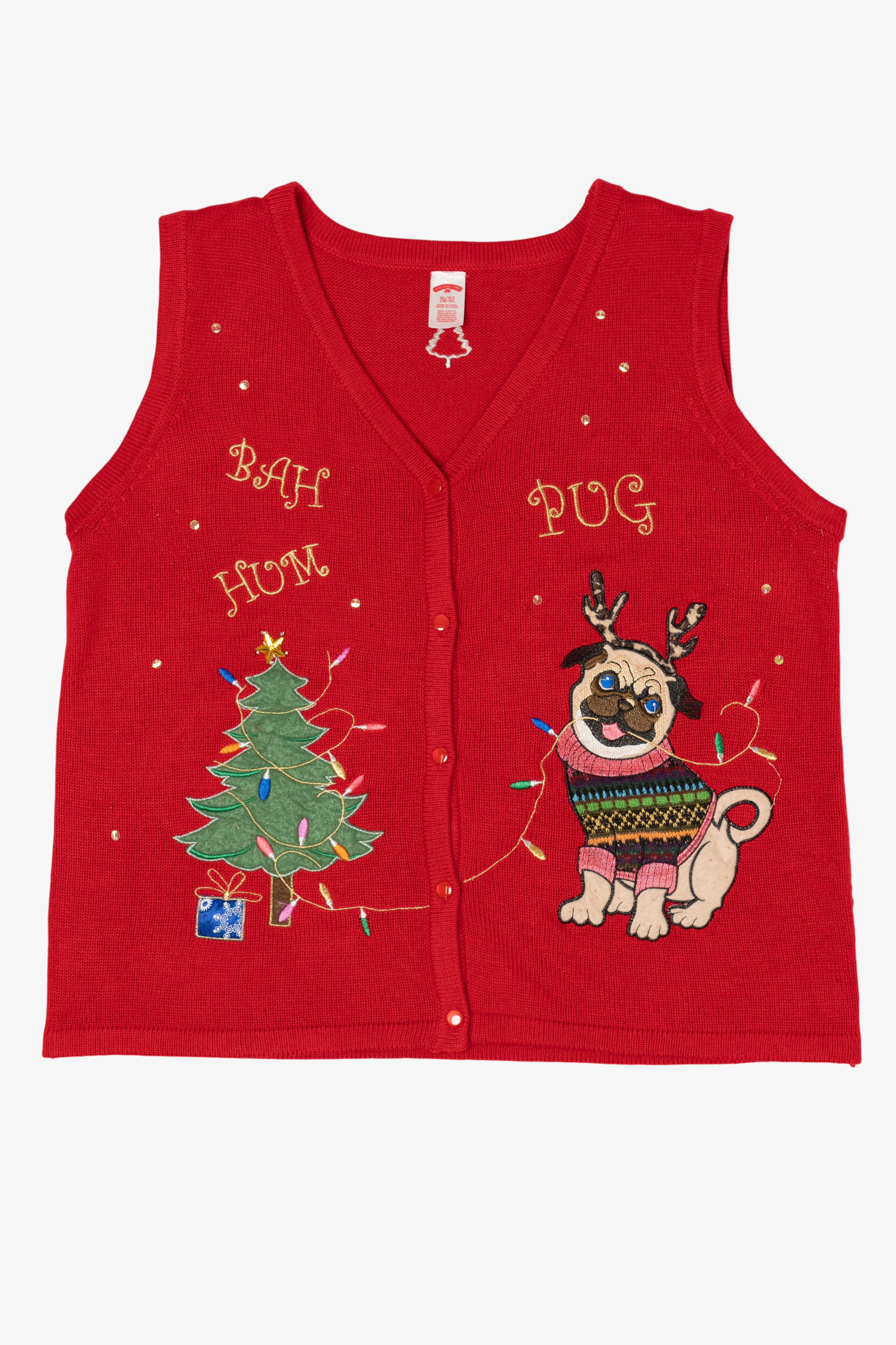 Vintage Red Holiday Time "Bah Hum-Pug" Ugly Christmas Vest (2000s)