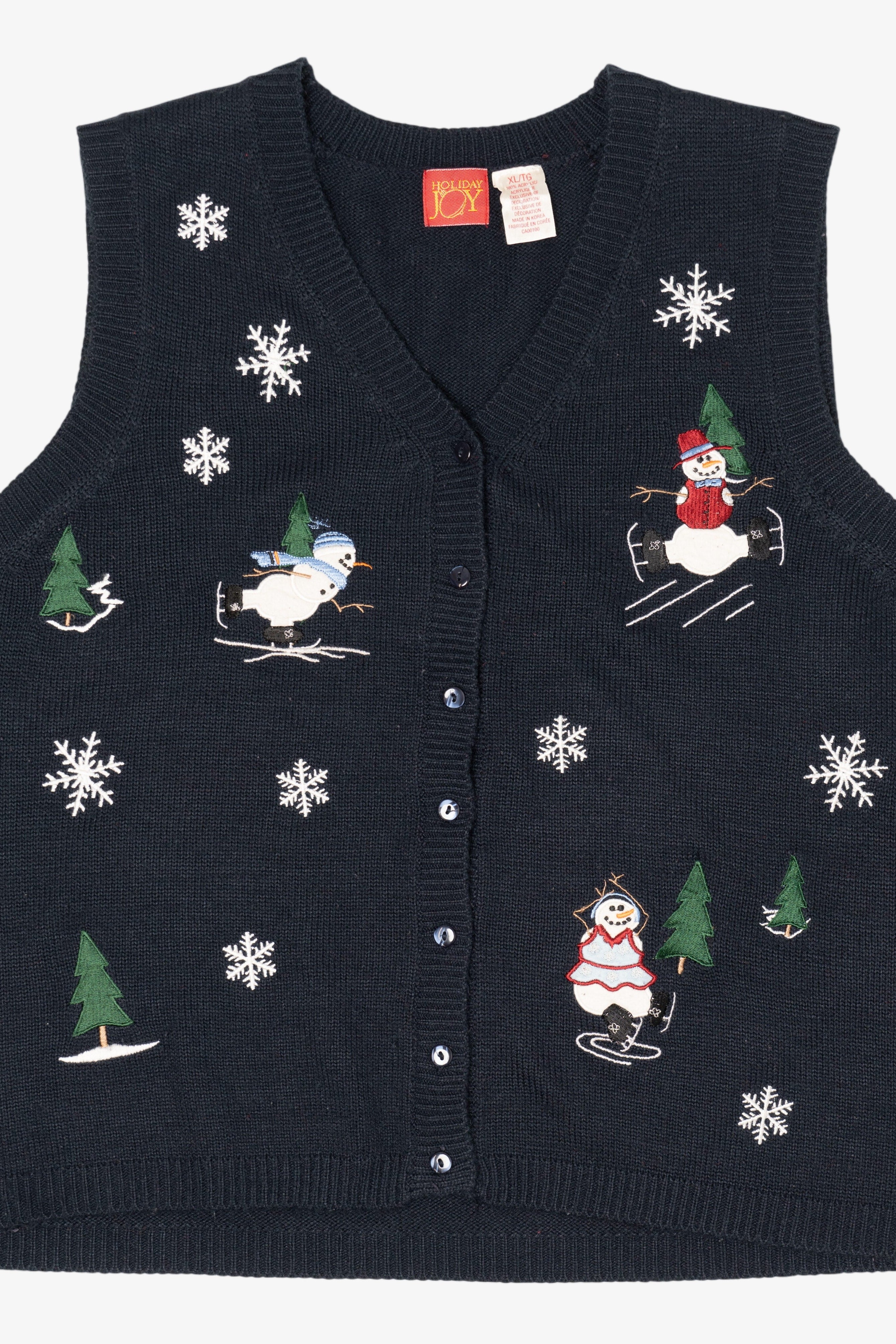Vintage Navy Blue Holiday Joy Snowmen Ugly Christmas Vest (1990s)