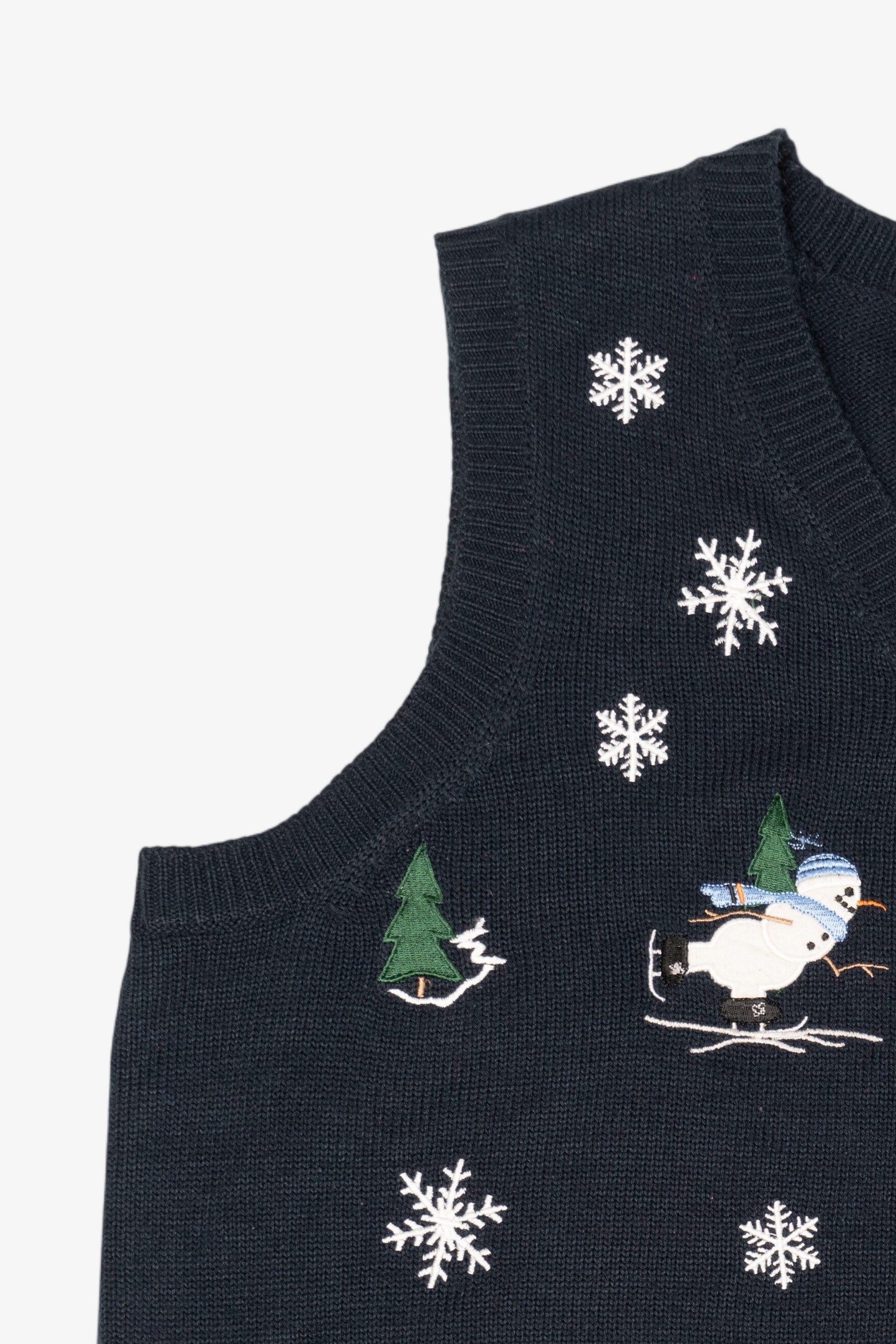 Vintage Navy Blue Holiday Joy Snowmen Ugly Christmas Vest (1990s)