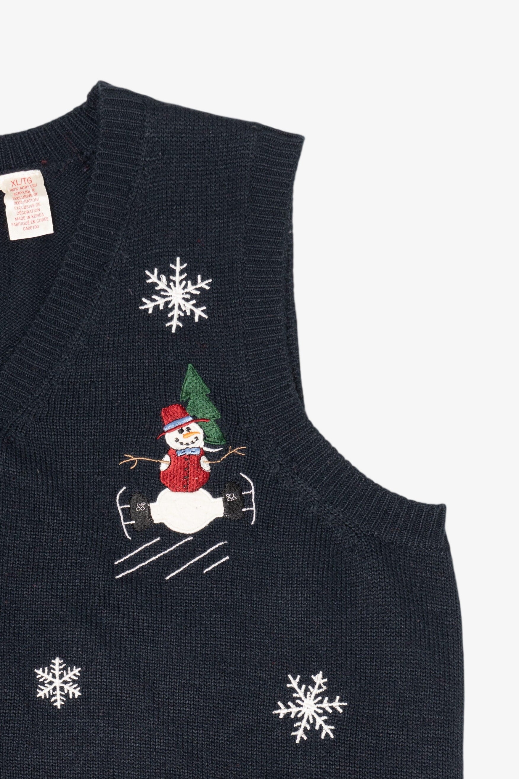 Vintage Navy Blue Holiday Joy Snowmen Ugly Christmas Vest (1990s)