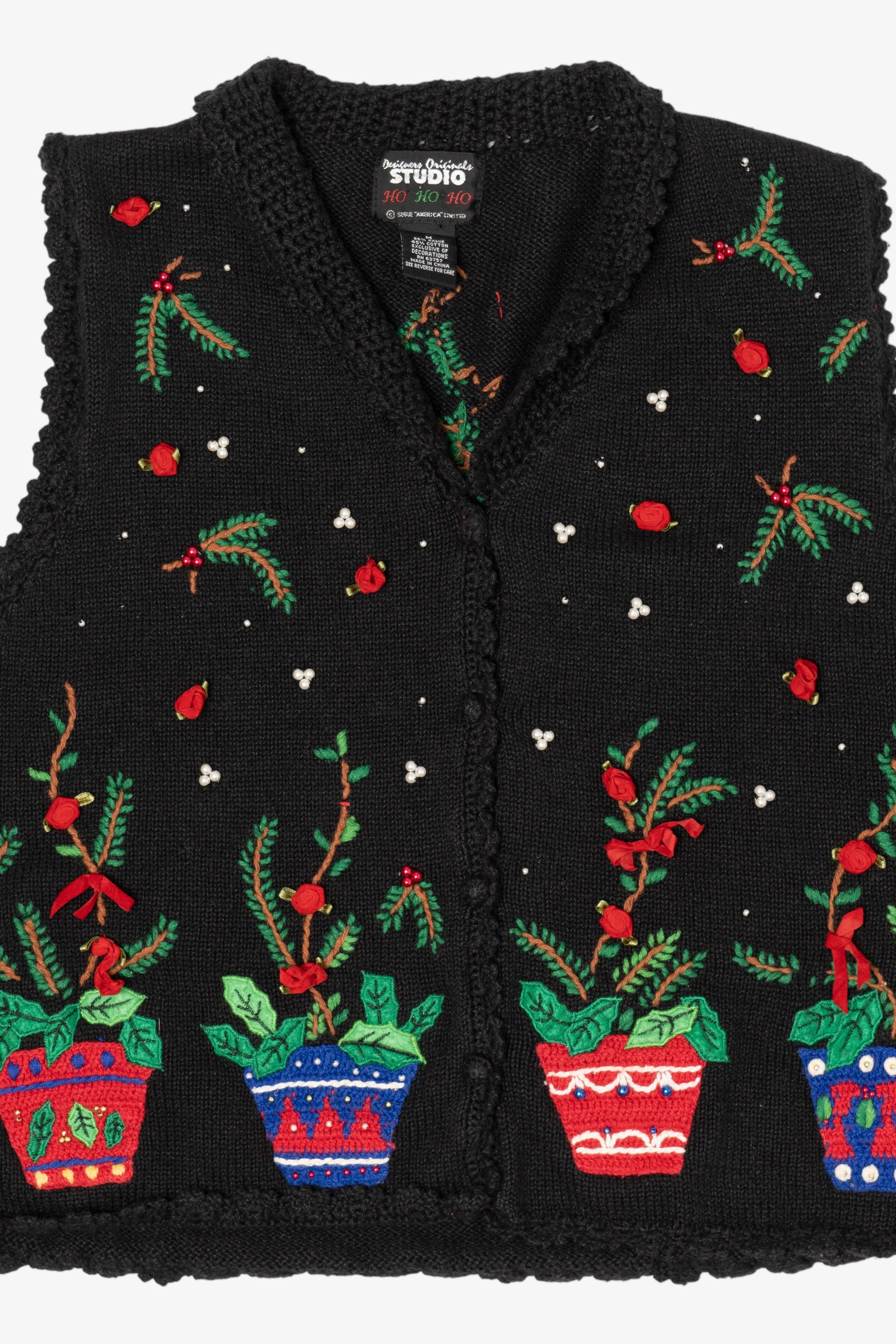 Vintage Black Holly And Roses Ugly Christmas Vest (1990s)