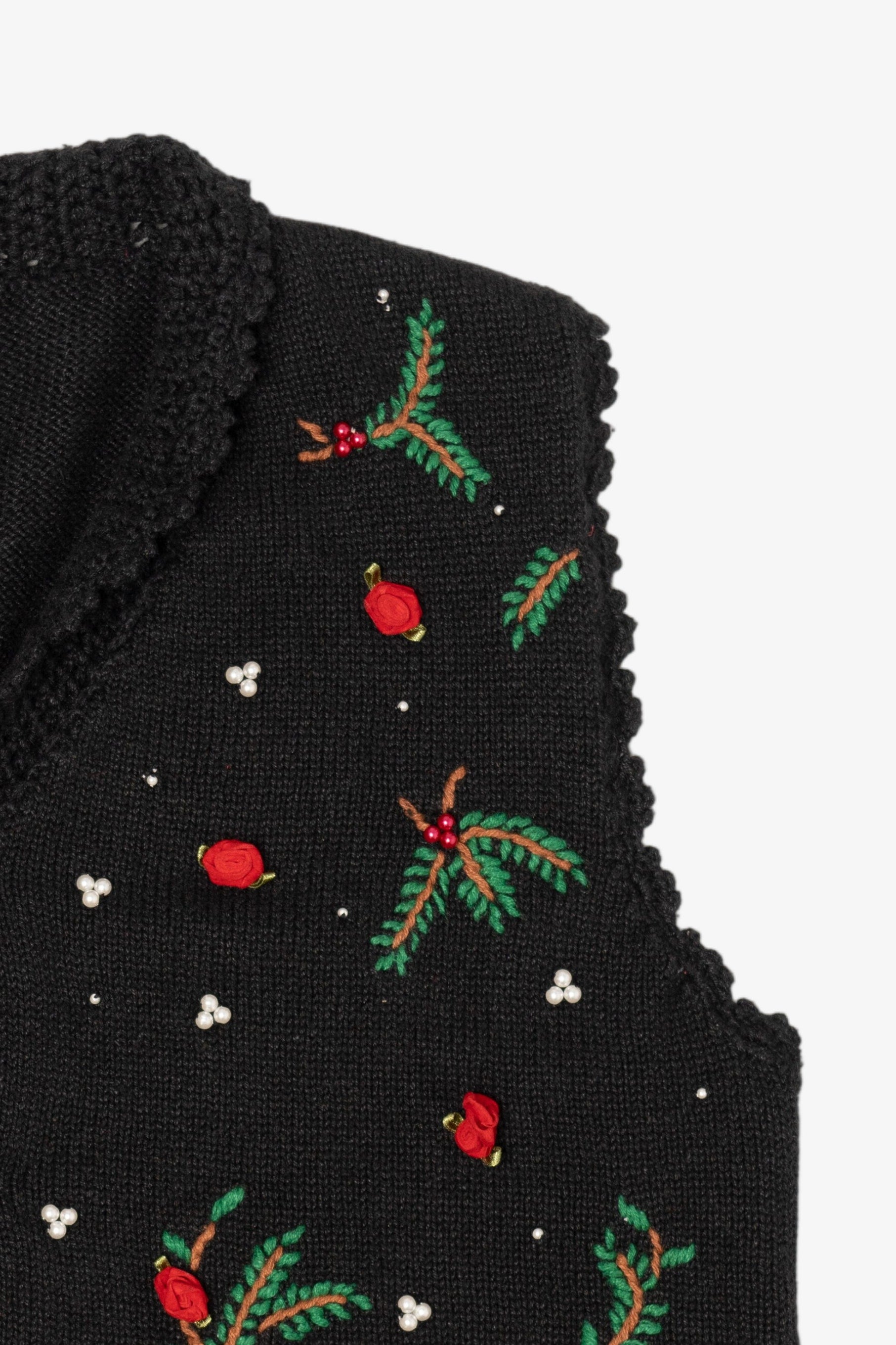 Vintage Black Holly And Roses Ugly Christmas Vest (1990s)
