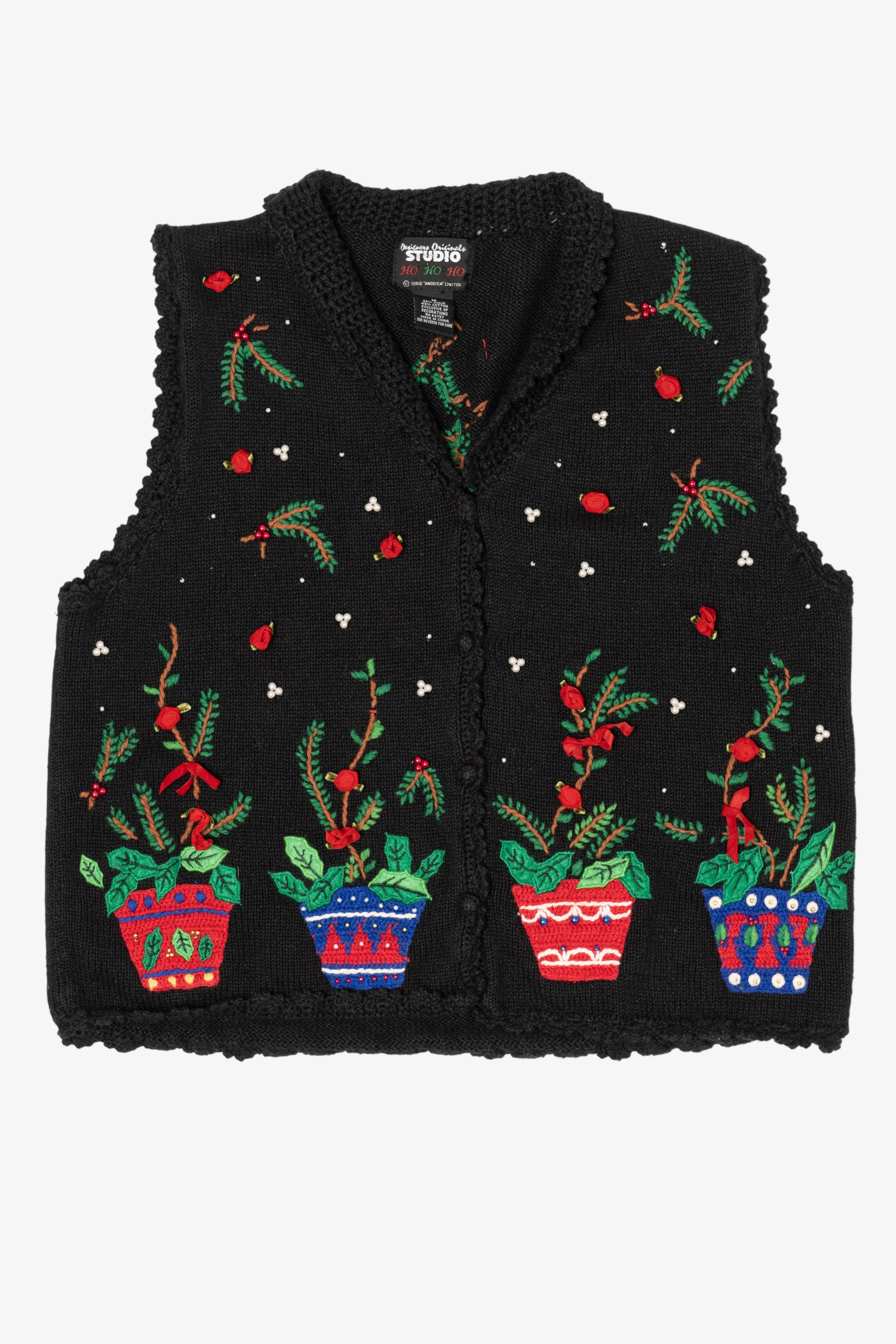 Vintage Black Holly And Roses Ugly Christmas Vest (1990s)