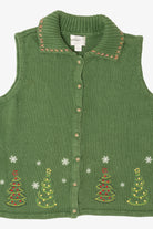 Vintage Green Hand Embroidered Christopher & Banks Trees Ugly Christmas Vest (1990s)