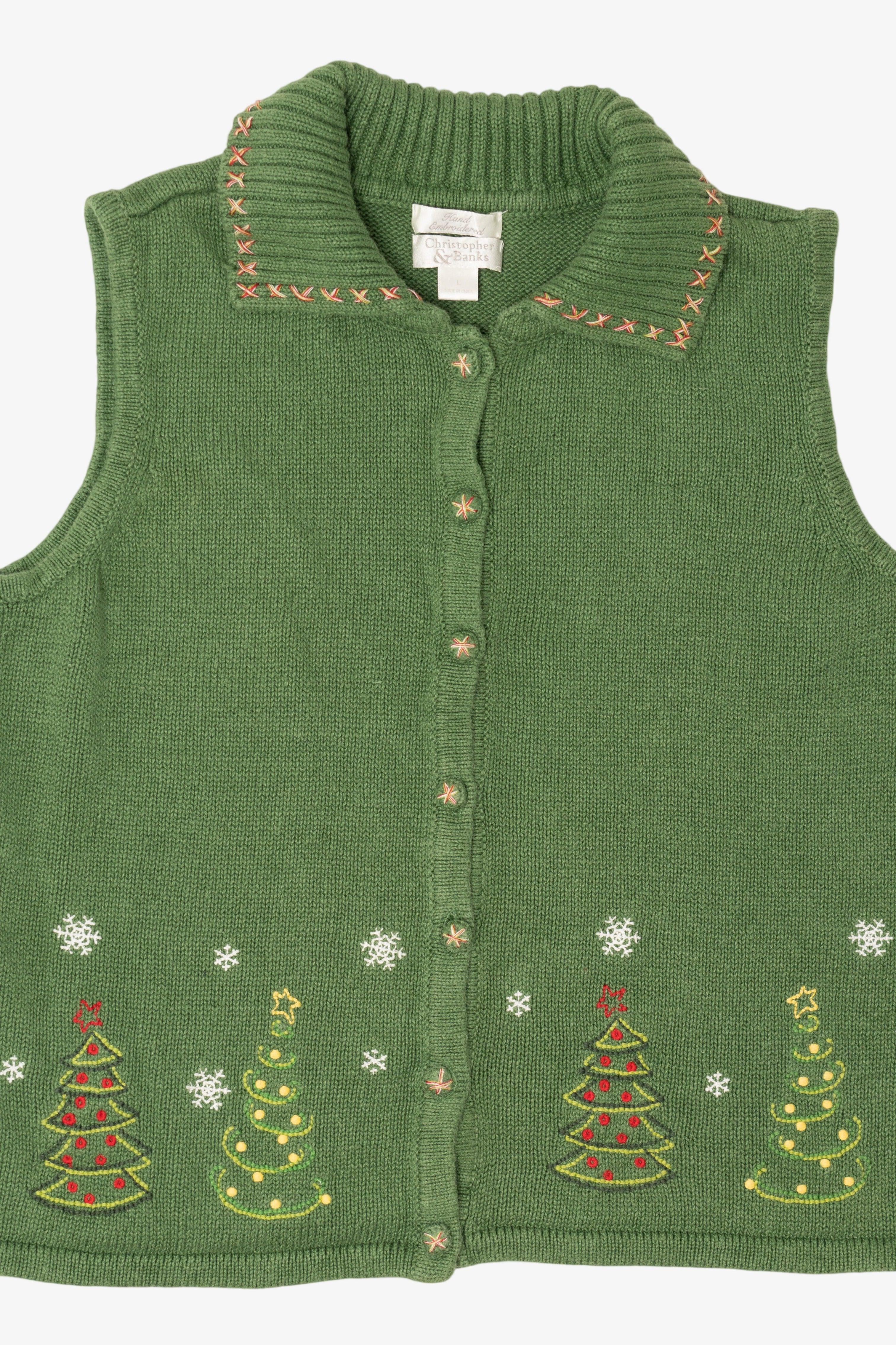 Vintage Green Hand Embroidered Christopher & Banks Trees Ugly Christmas Vest (1990s)