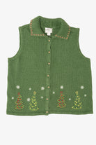 Vintage Green Hand Embroidered Christopher & Banks Trees Ugly Christmas Vest (1990s)