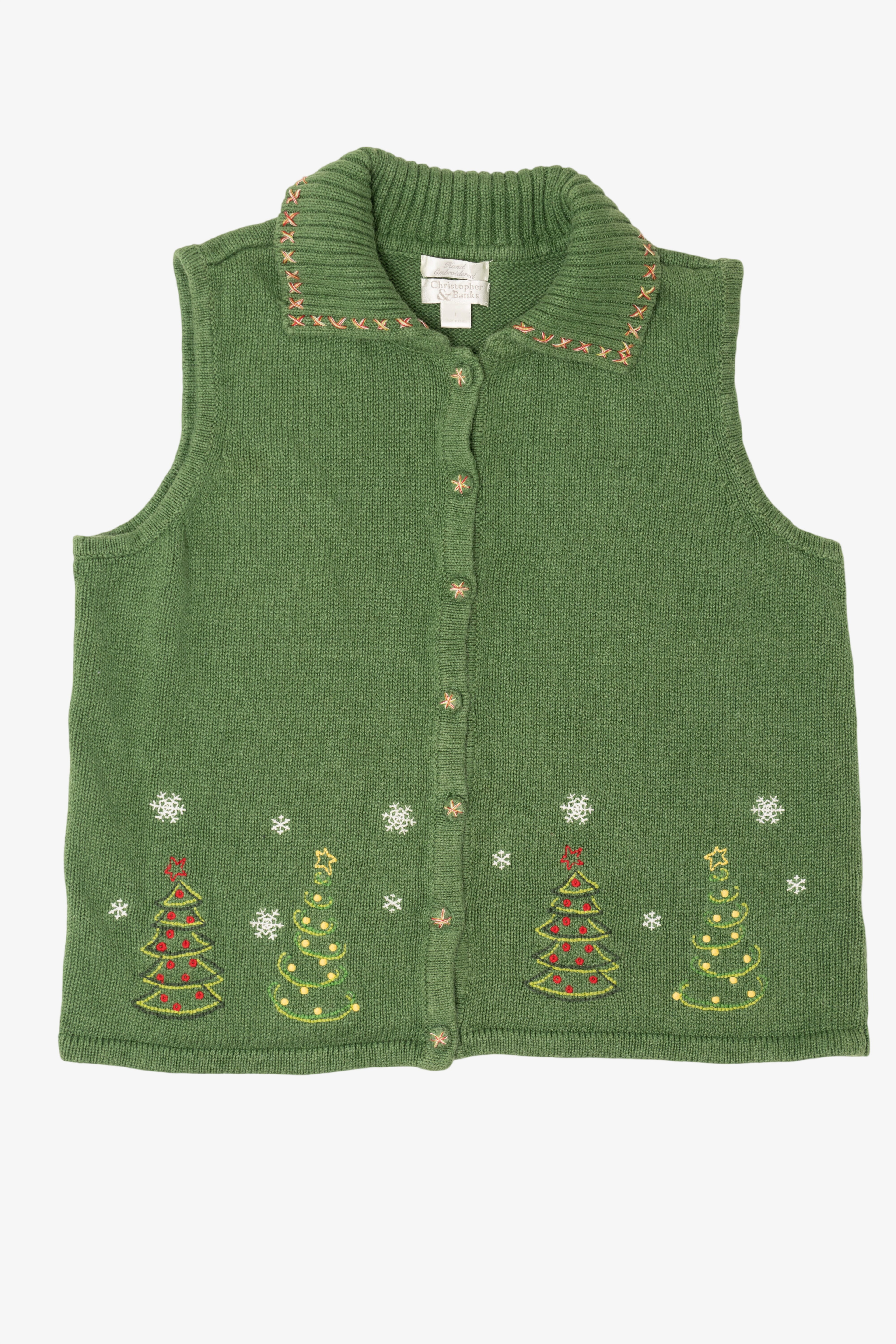 Vintage Green Hand Embroidered Christopher & Banks Trees Ugly Christmas Vest (1990s)