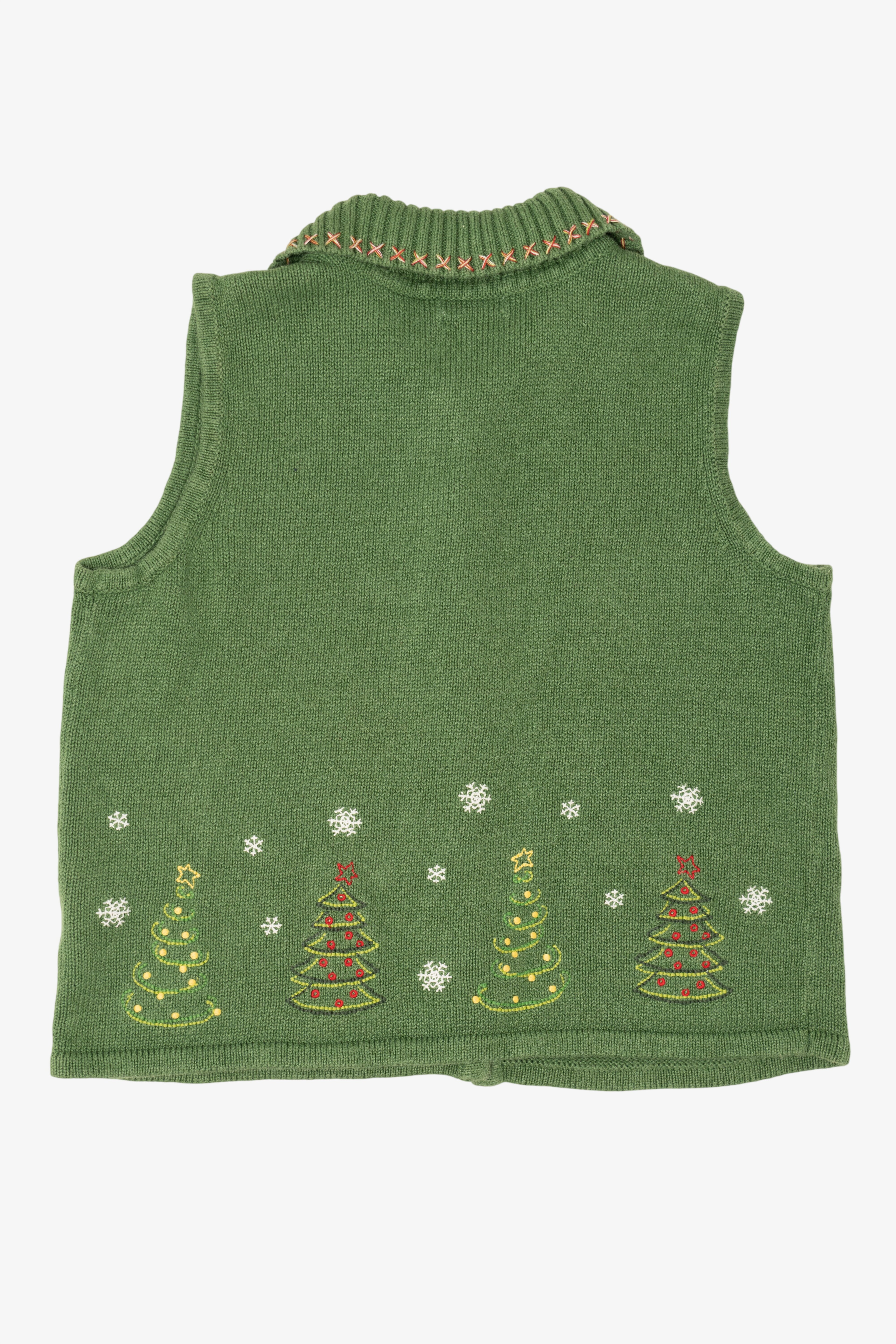 Vintage Green Hand Embroidered Christopher & Banks Trees Ugly Christmas Vest (1990s)