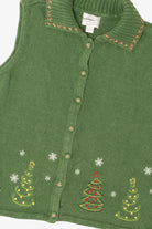 Vintage Green Hand Embroidered Christopher & Banks Trees Ugly Christmas Vest (1990s)