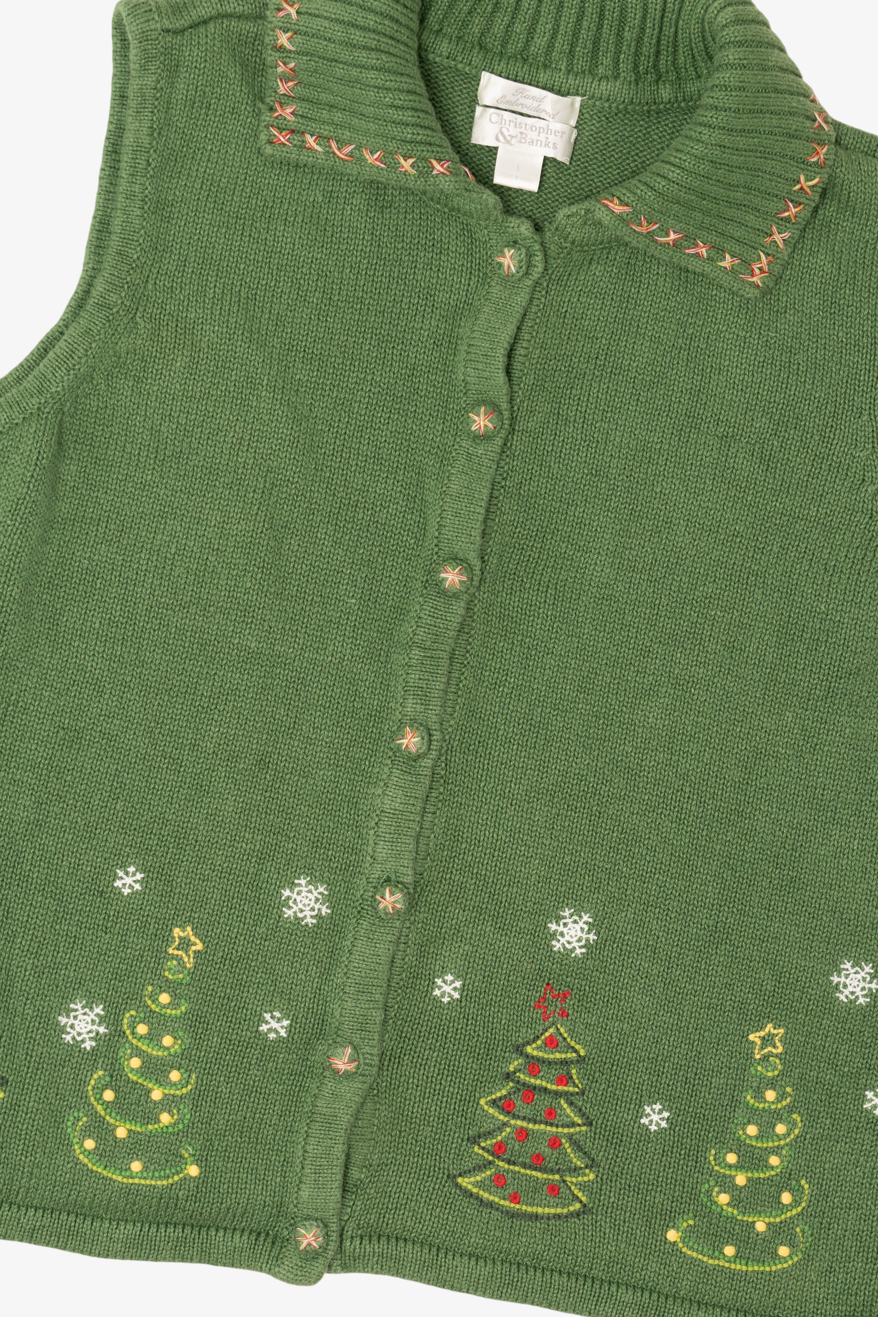 Vintage Green Hand Embroidered Christopher & Banks Trees Ugly Christmas Vest (1990s)