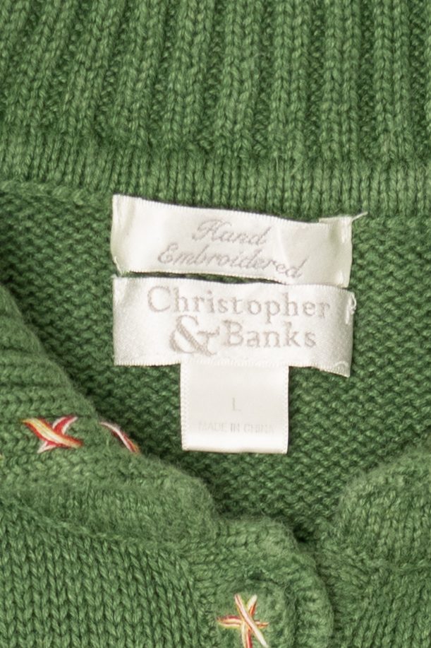 Vintage Green Hand Embroidered Christopher & Banks Trees Ugly Christmas Vest (1990s)