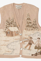 Vintage Hand Knit Beige Marisa Christina Landscape Ugly Christmas Vest (1990s)