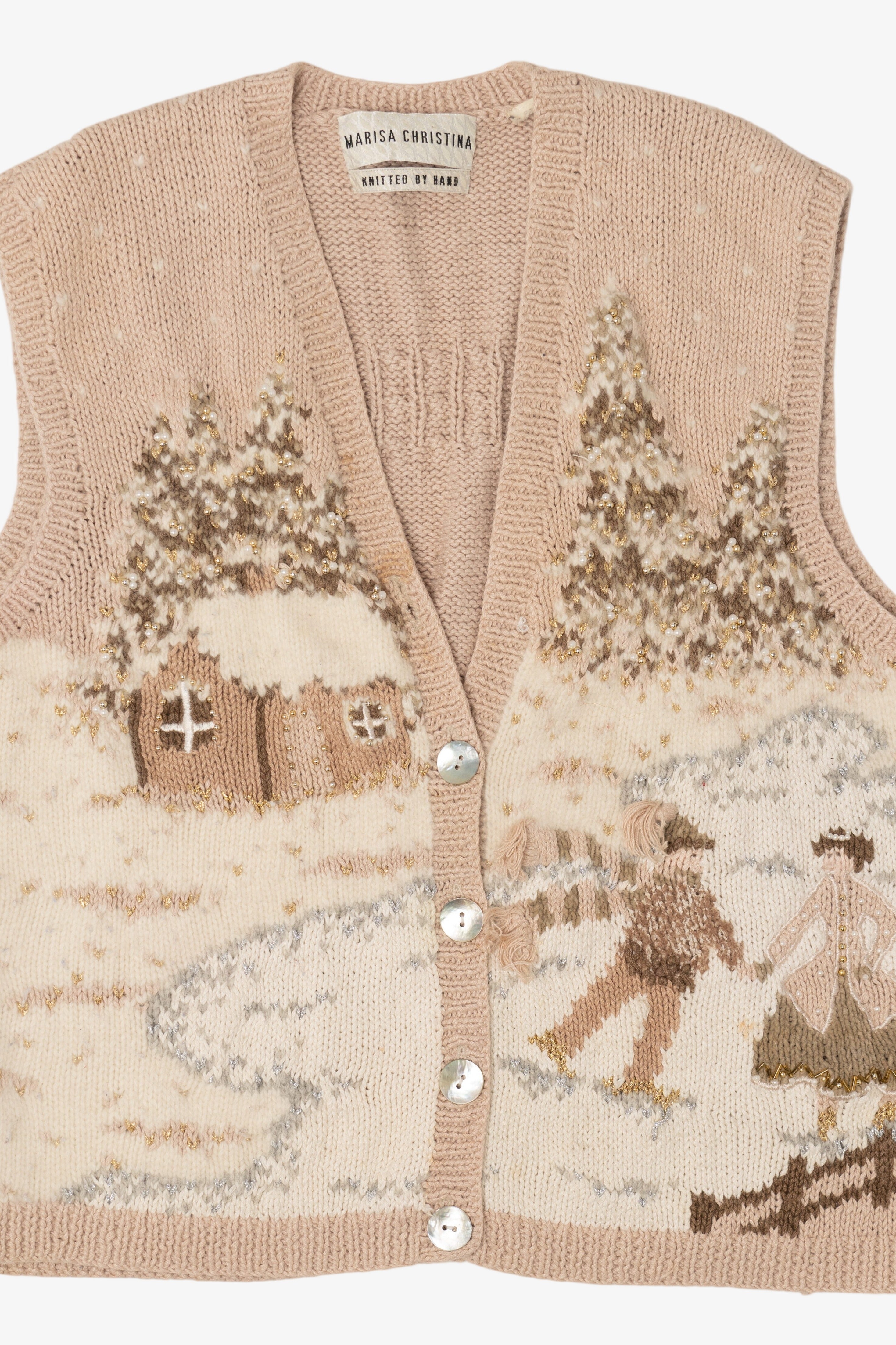 Vintage Hand Knit Beige Marisa Christina Landscape Ugly Christmas Vest (1990s)