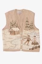 Vintage Hand Knit Beige Marisa Christina Landscape Ugly Christmas Vest (1990s)