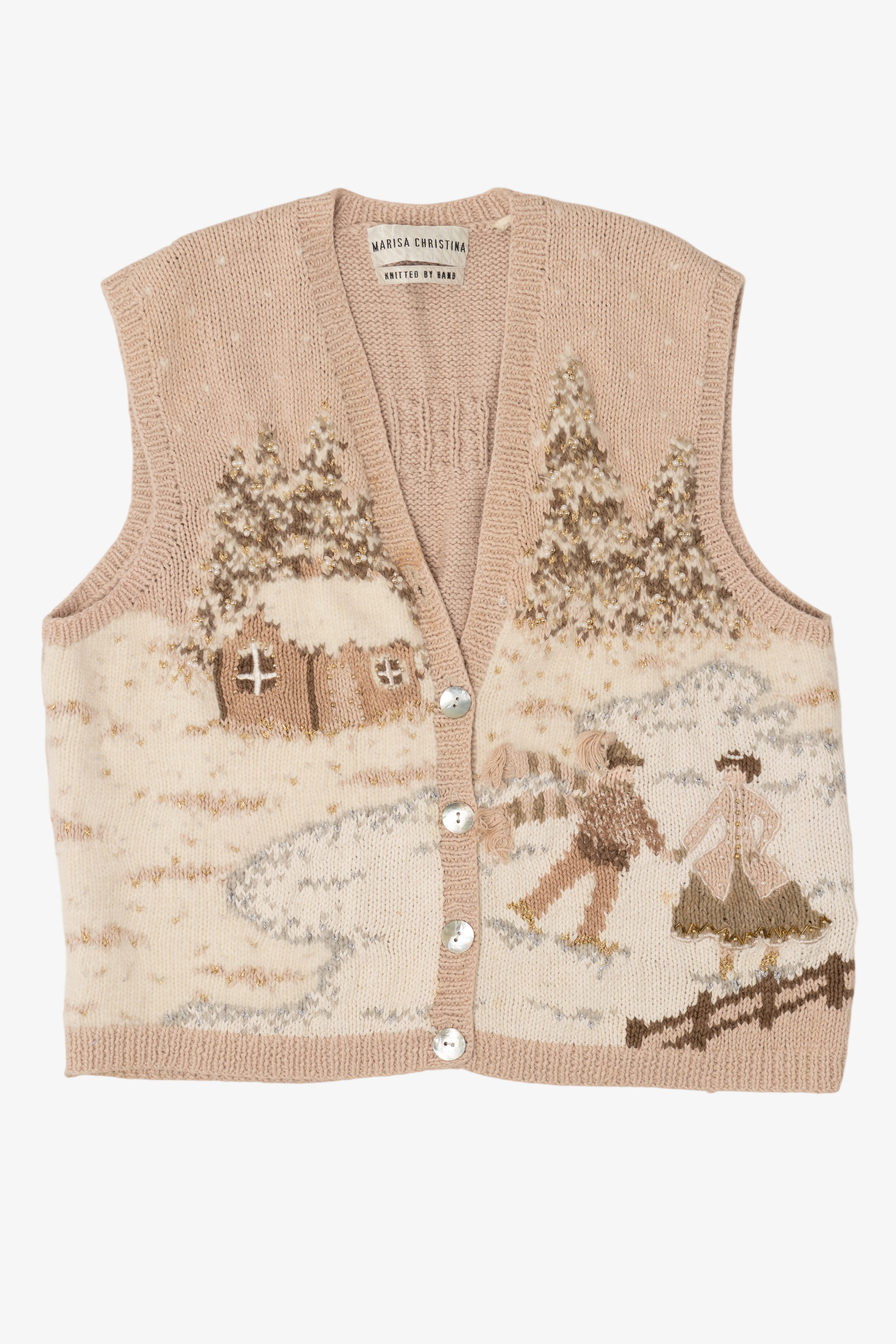 Vintage Hand Knit Beige Marisa Christina Landscape Ugly Christmas Vest (1990s)