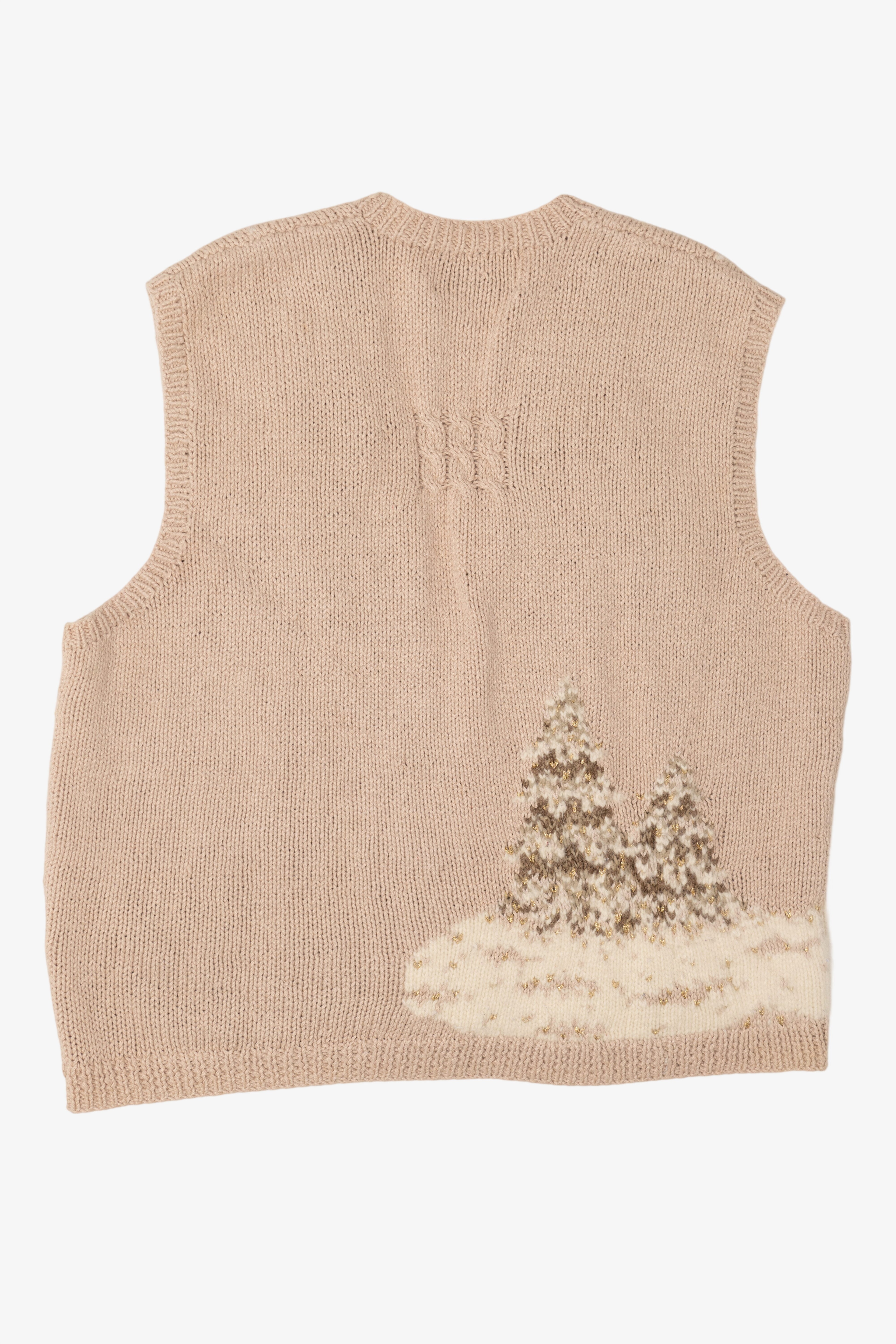 Vintage Hand Knit Beige Marisa Christina Landscape Ugly Christmas Vest (1990s)