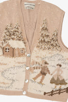Vintage Hand Knit Beige Marisa Christina Landscape Ugly Christmas Vest (1990s)