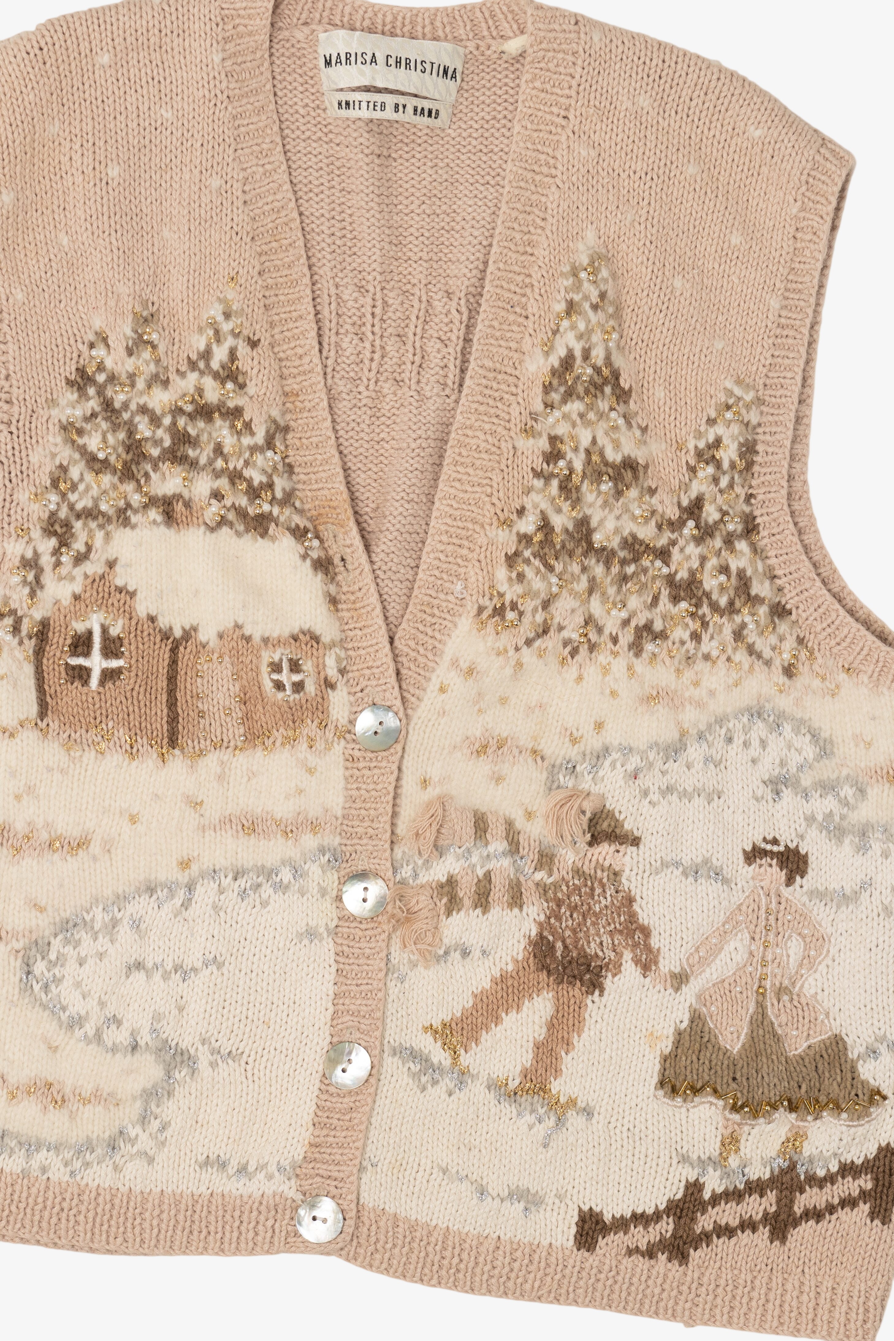 Vintage Hand Knit Beige Marisa Christina Landscape Ugly Christmas Vest (1990s)