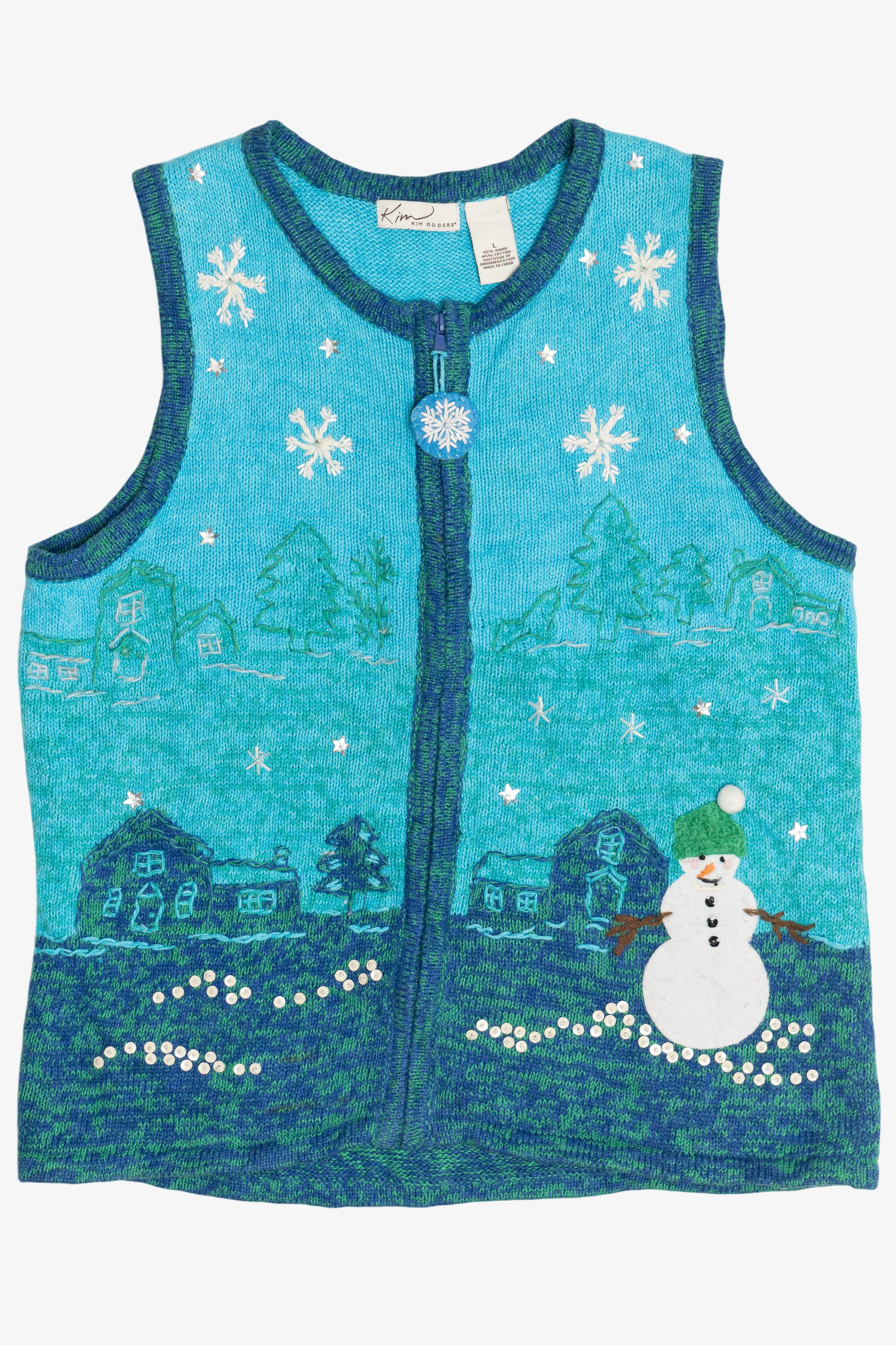 Vintage Kim Rogers Snowman Embroidered Scenery Ugly Christmas Vest (1990s)