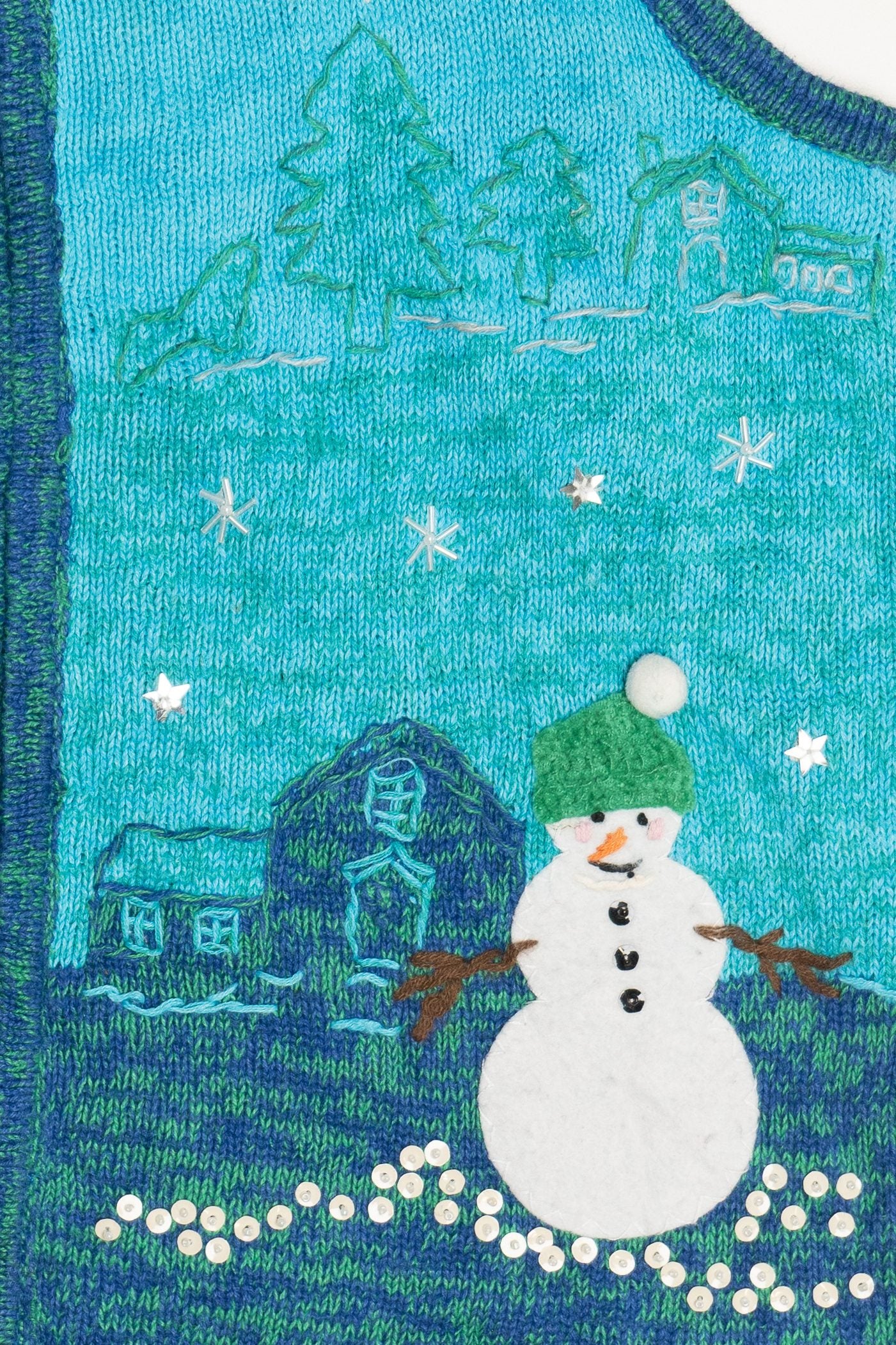 Vintage Kim Rogers Snowman Embroidered Scenery Ugly Christmas Vest (1990s)