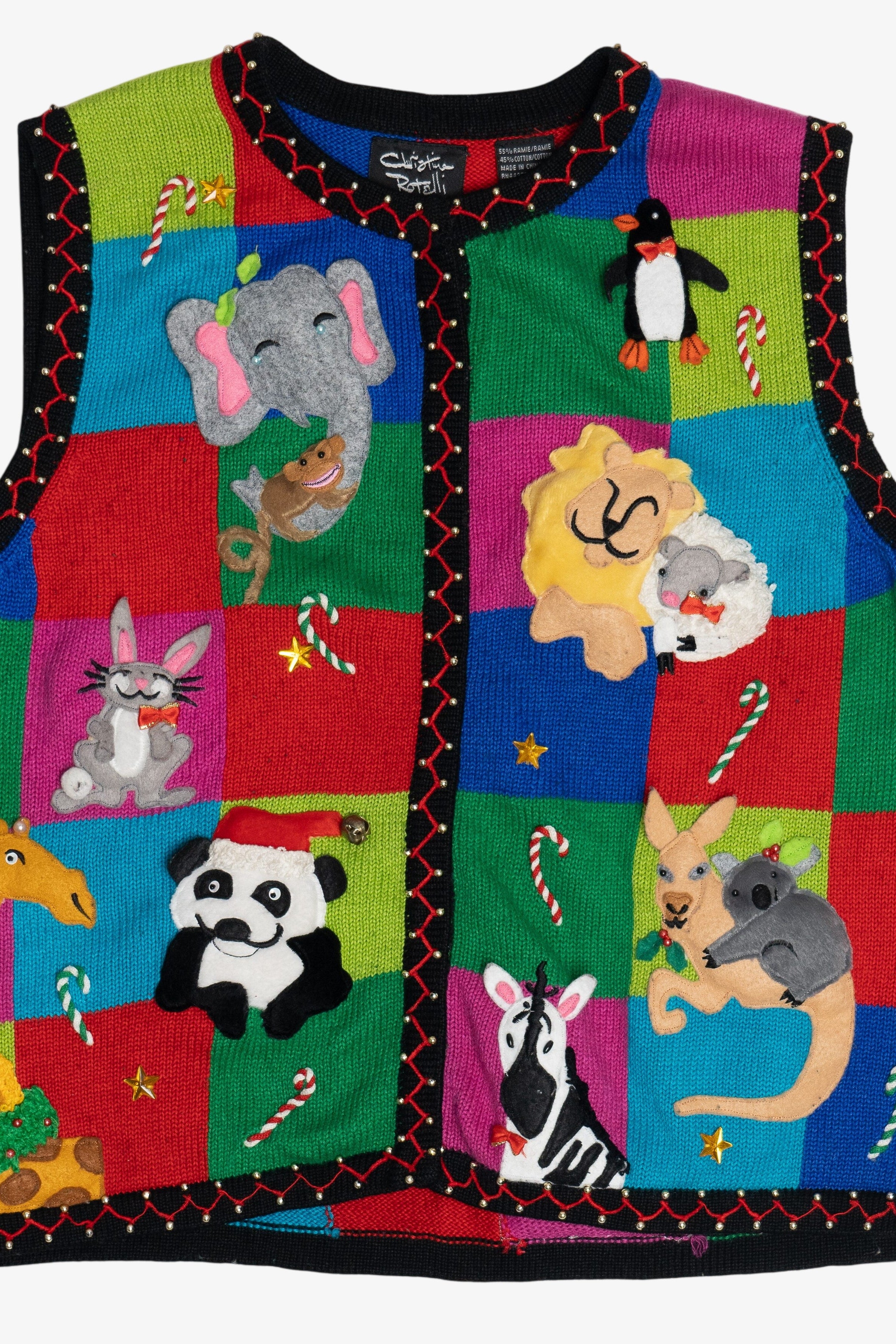 Vintage Christine Rotelli Zoo Animals & Candy Canes Ugly Christmas Vest (1990s)