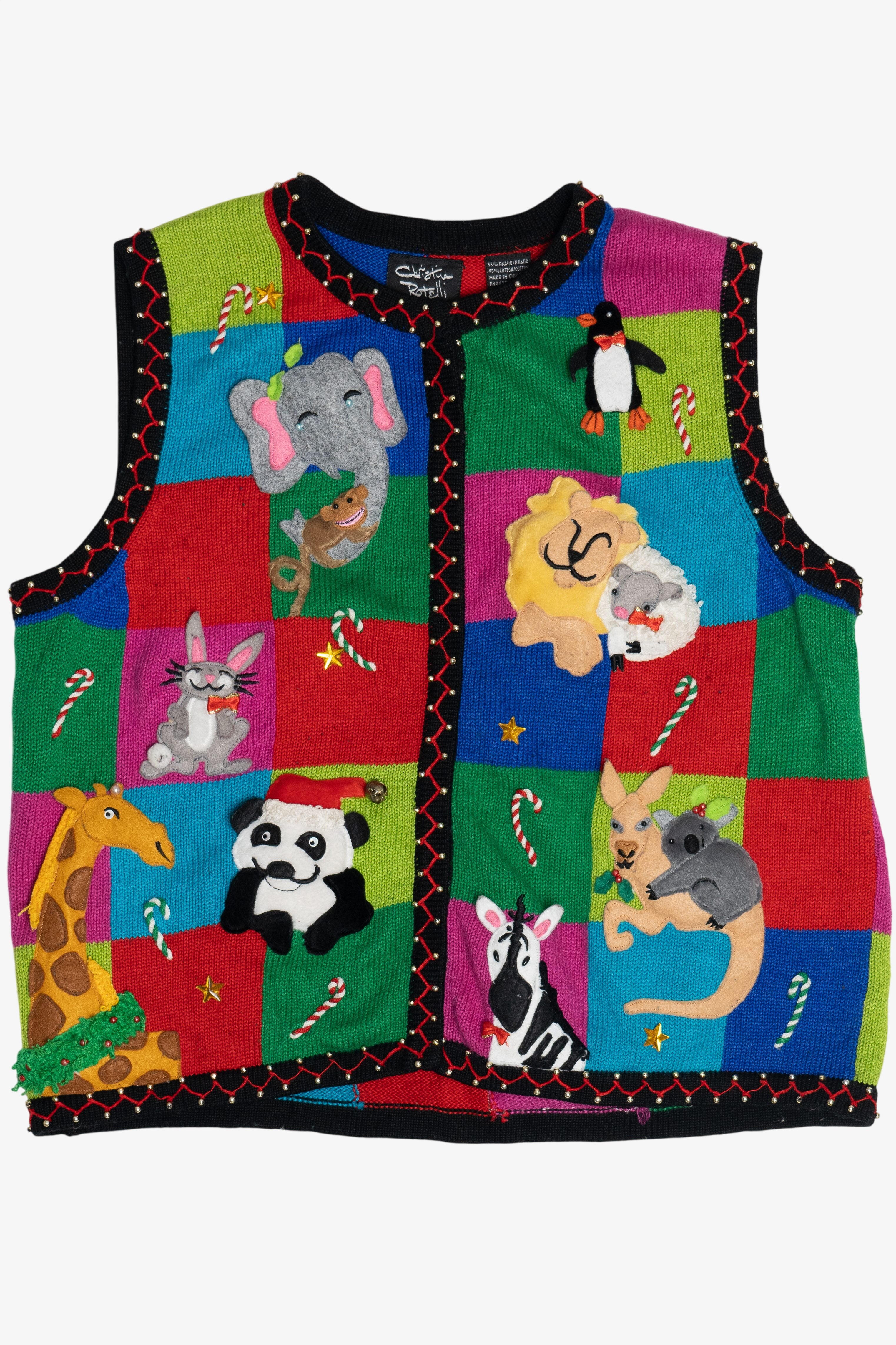 Vintage Christine Rotelli Zoo Animals & Candy Canes Ugly Christmas Vest (1990s)