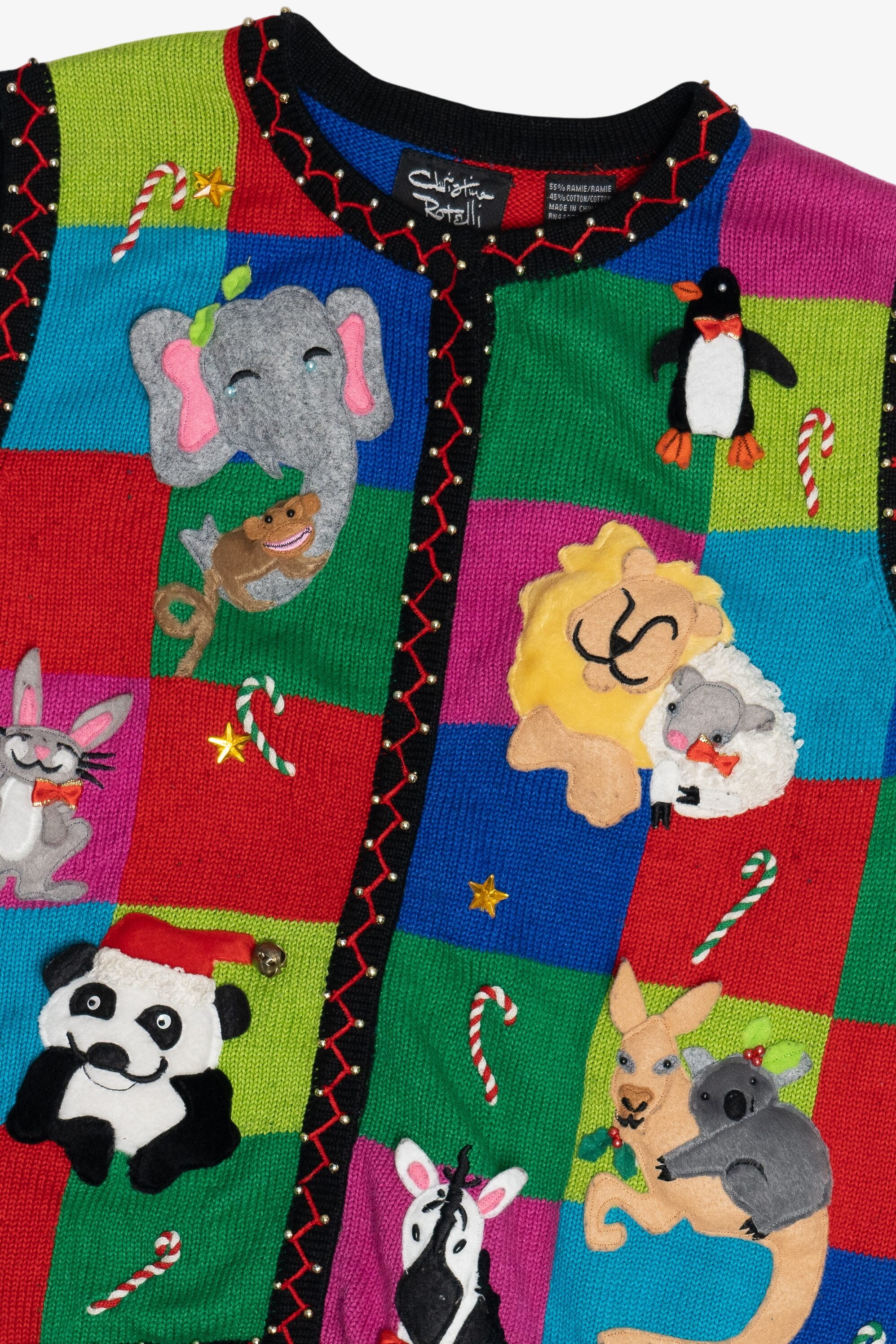Vintage Christine Rotelli Zoo Animals & Candy Canes Ugly Christmas Vest (1990s)