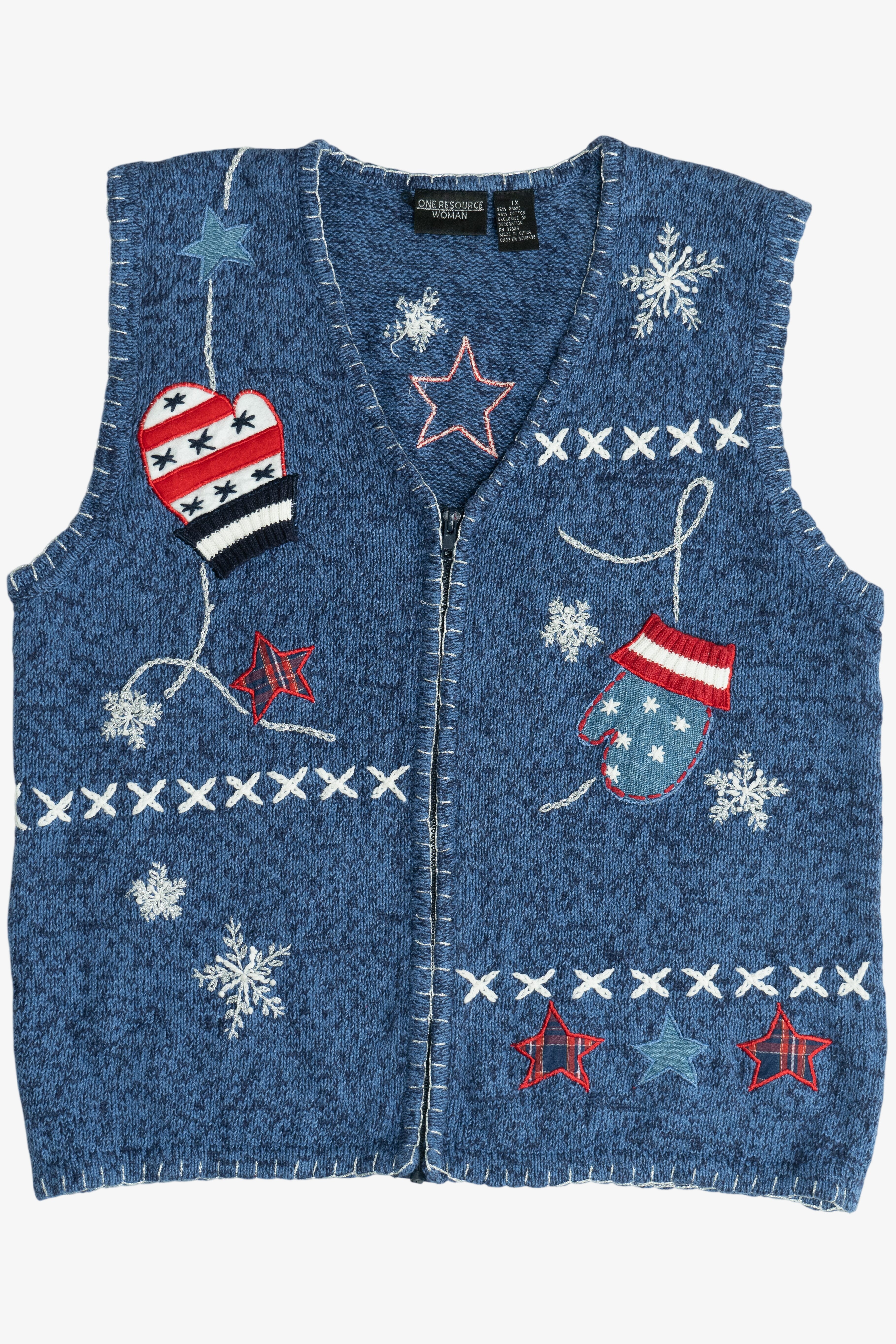 Vintage Americana Red White & Blue Mittens & Snow Ugly Christmas Vest (1990s)