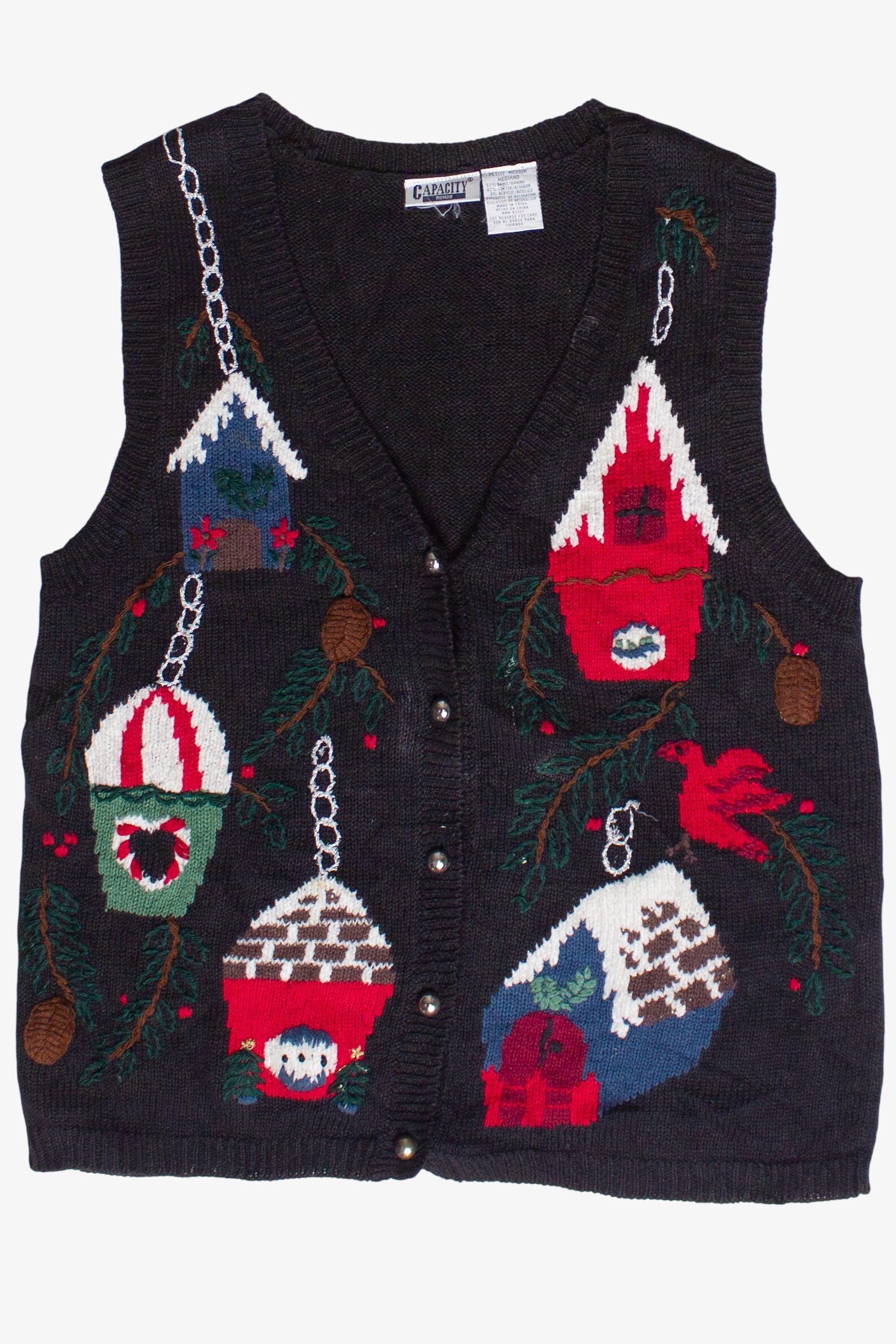 Vintage Winter Birdhouses Knit Ugly Christmas Sweater