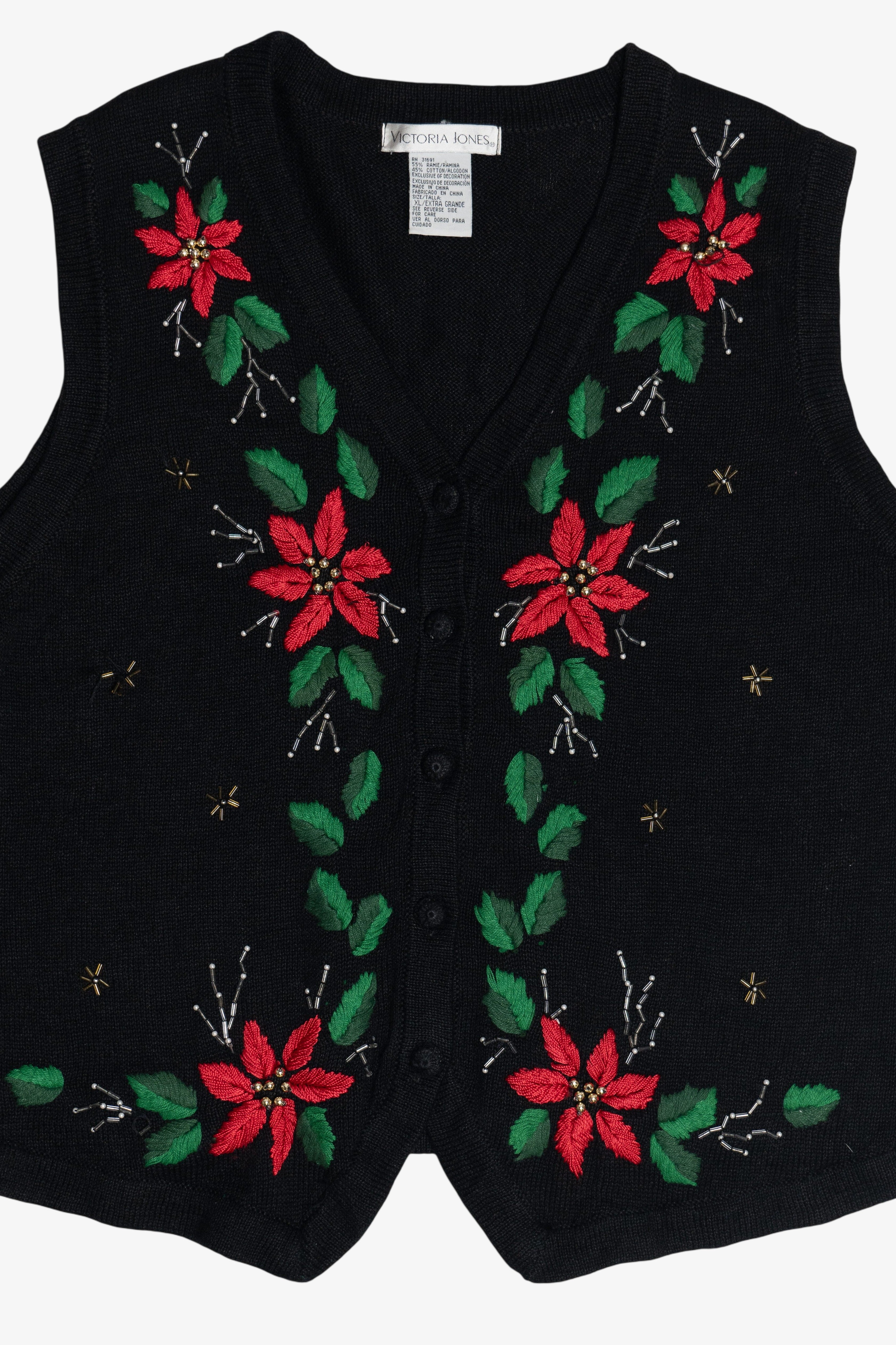 Vintage Embroidered Poinsettia Ugly Christmas Vest (1990s)