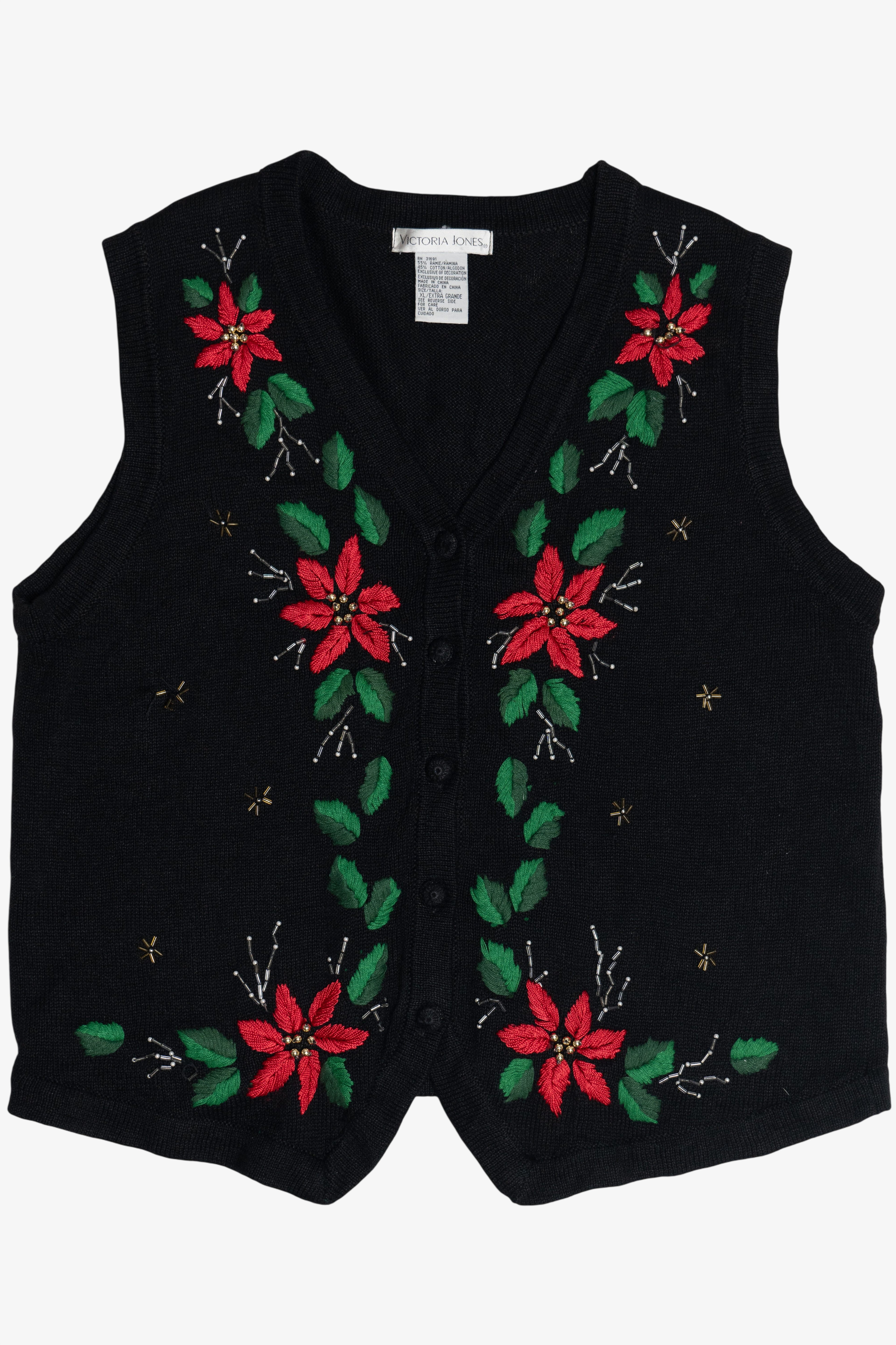 Vintage Embroidered Poinsettia Ugly Christmas Vest (1990s)